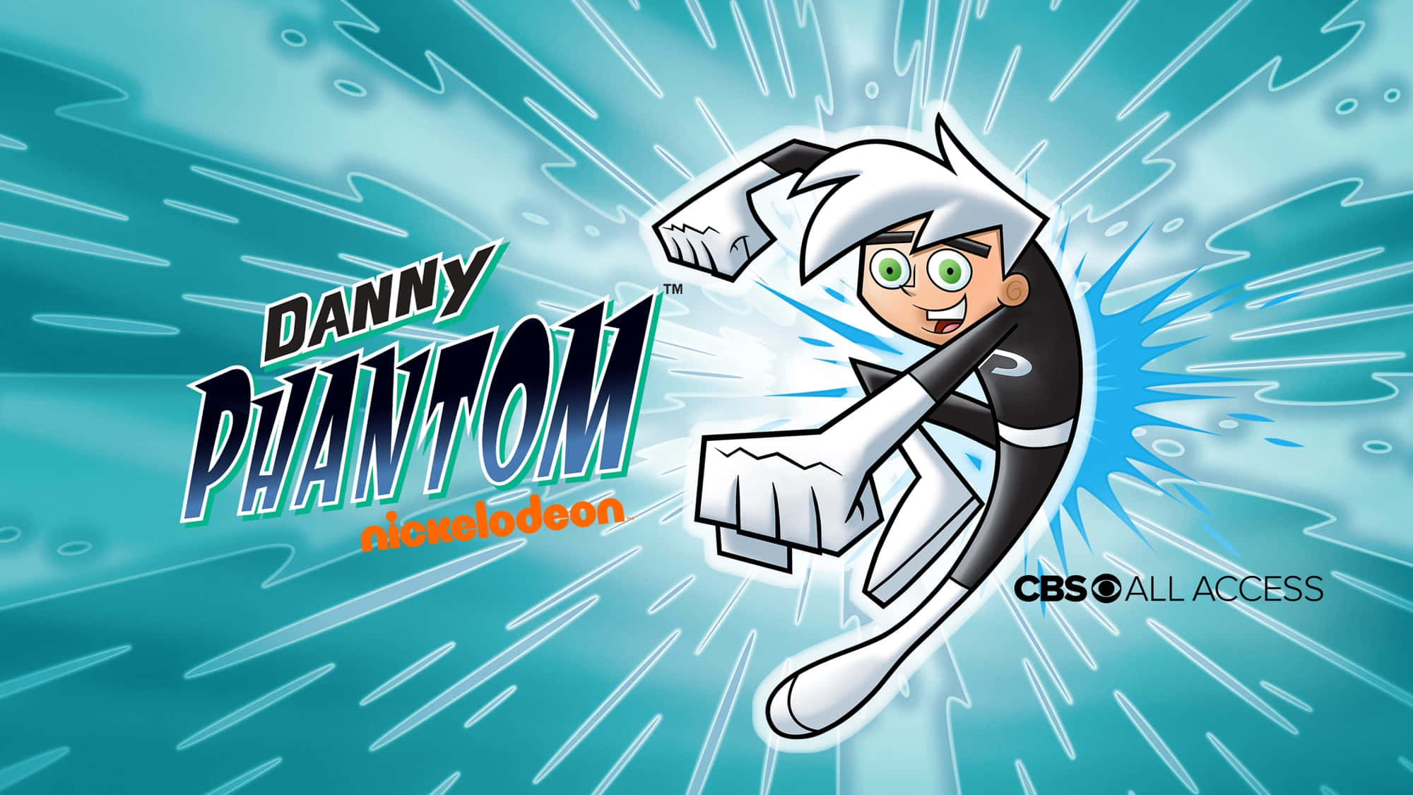 藍色 桌布 壁紙 — Danny Phantom 以鬼魂形態向前揮拳，背景為青綠色，帶有動態白色條紋。