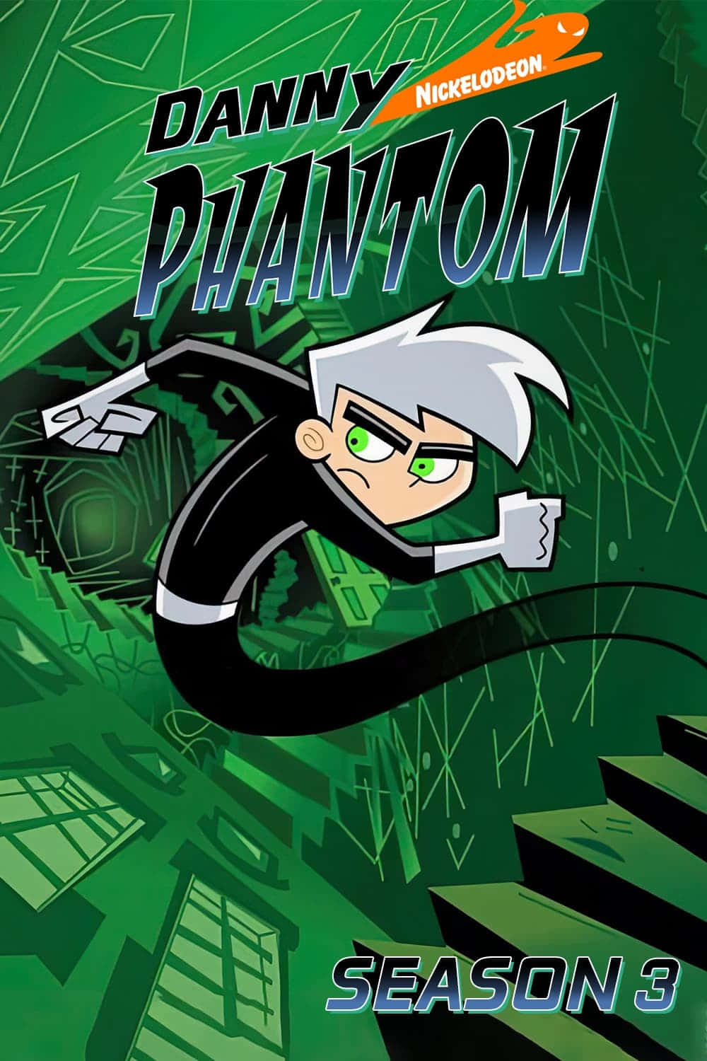 Danny Phantom 桌布 壁紙 — Danny Phantom 以鬼魂形態在綠色城市背景中動態飛翔，背景有鋸齒狀建築。