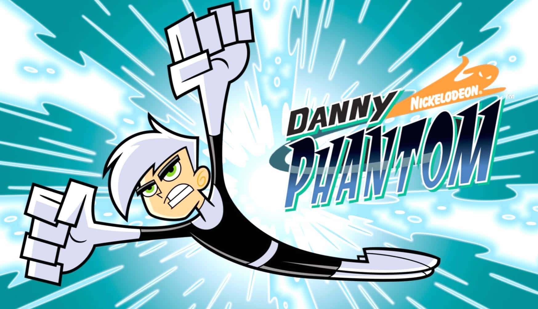 Danny Phantom 桌布 壁紙 — Danny Phantom 握緊拳頭向前飛，背景是動態的藍白能量爆發。