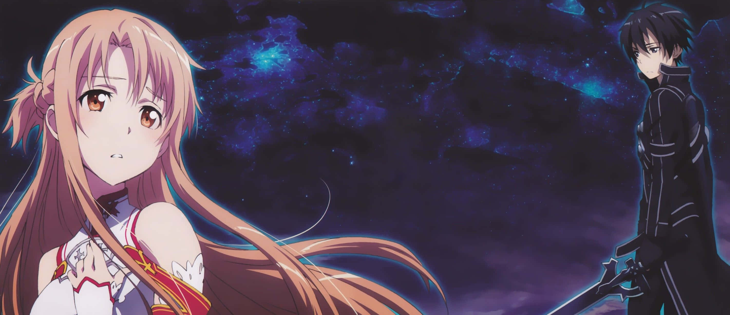 Yuuki Asuna 桌布 壁紙 — 《刀劍神域》的動漫角色站在宇宙星雲背景前，伴隨著發光的藍色星星。