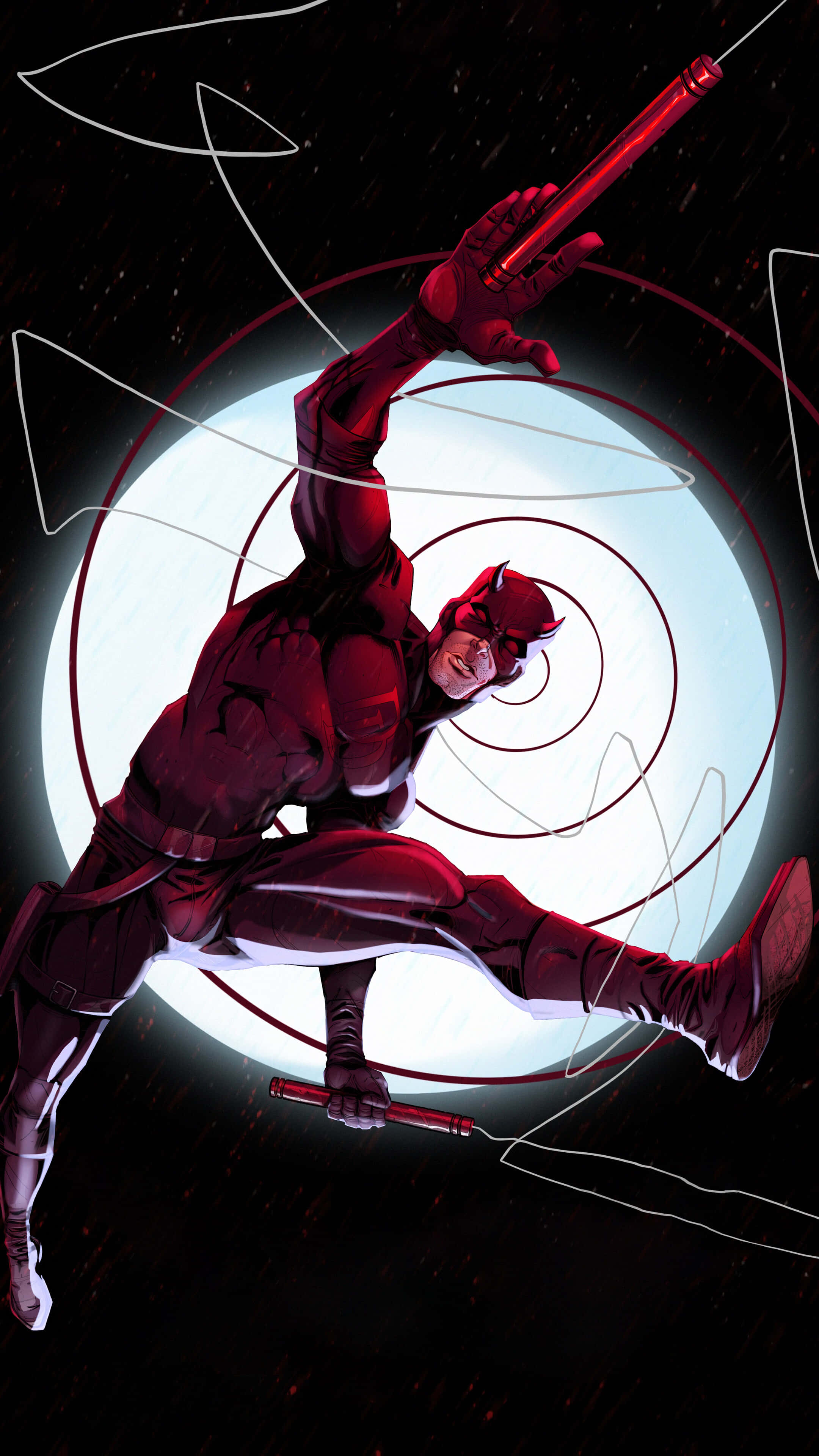 夜魔俠 桌布 壁紙 — Daredevil 身穿紅色戰衣，在帶有旋轉紅線的發光白色圓形背景前動態跳躍。