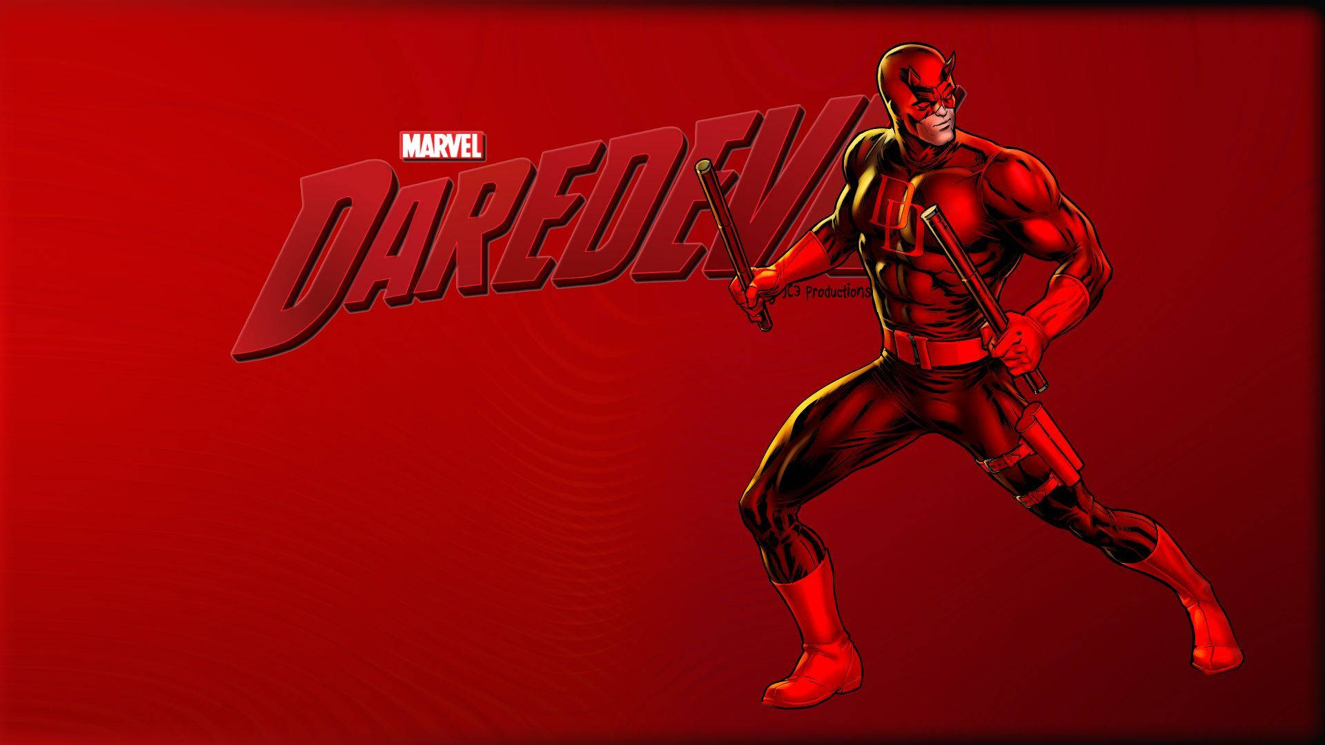 夜魔俠 桌布 壁紙 — Daredevil 身穿紅色戰衣，手持雙節棍，在帶有Marvel標誌的鮮紅色漸變背景前準備就緒。