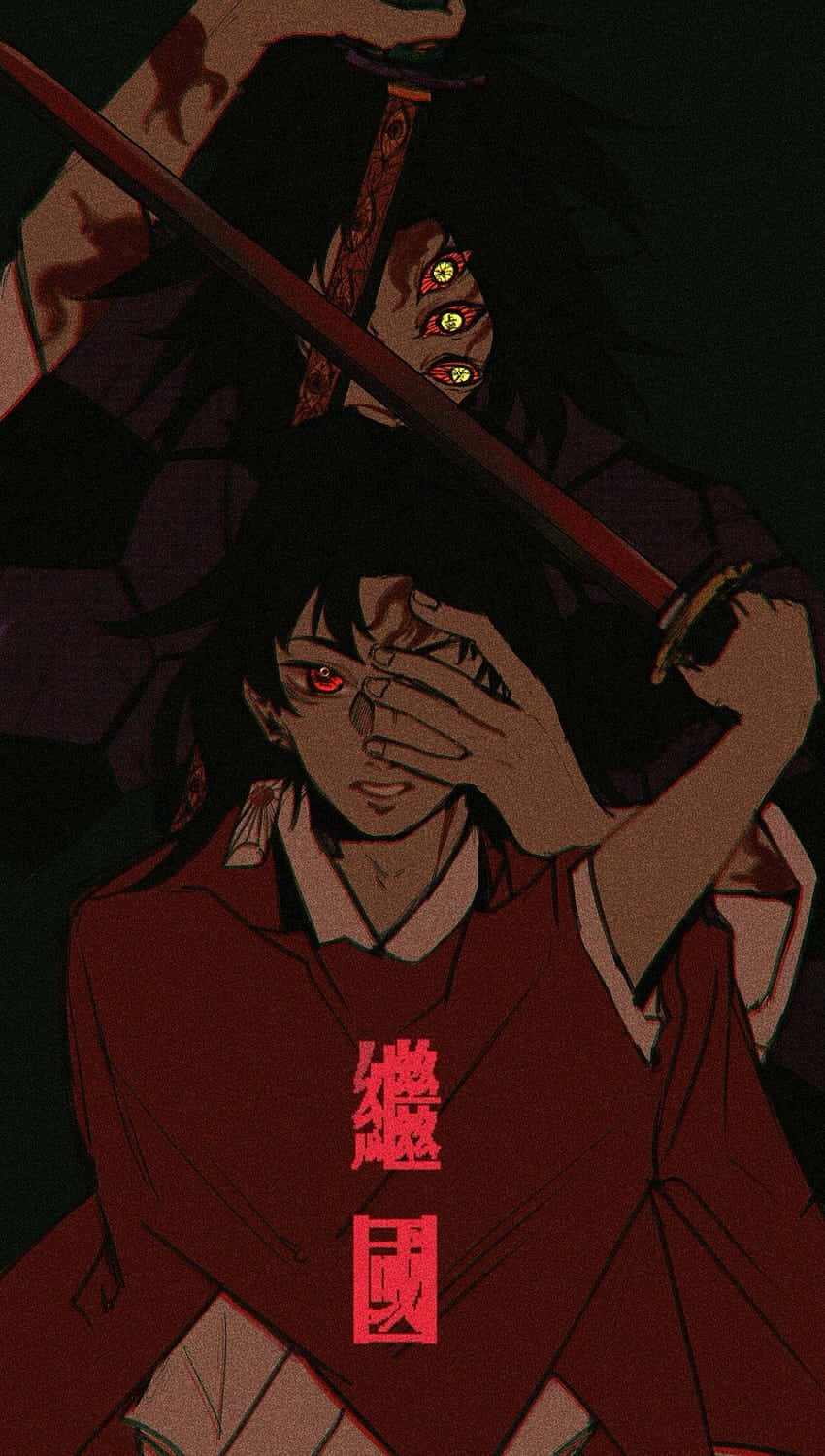  壁紙 — 一個黑暗的動漫角色，擁有發光的紅色眼睛和一把劍，在陰影中強烈地遮住他的臉。