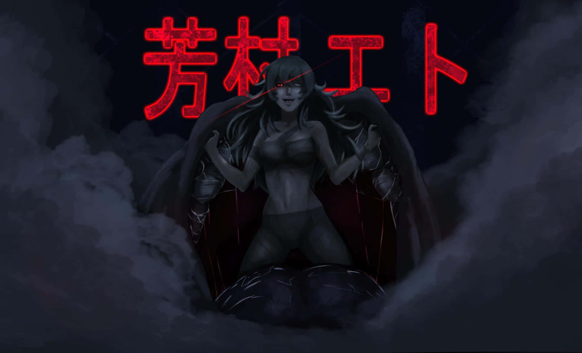 Eto Yoshimura 桌布 壁紙 — 一個黑暗動漫風格女性角色，擁有發光的紅色眼睛，從粗體紅色日文字下方的暴風雲中浮現。