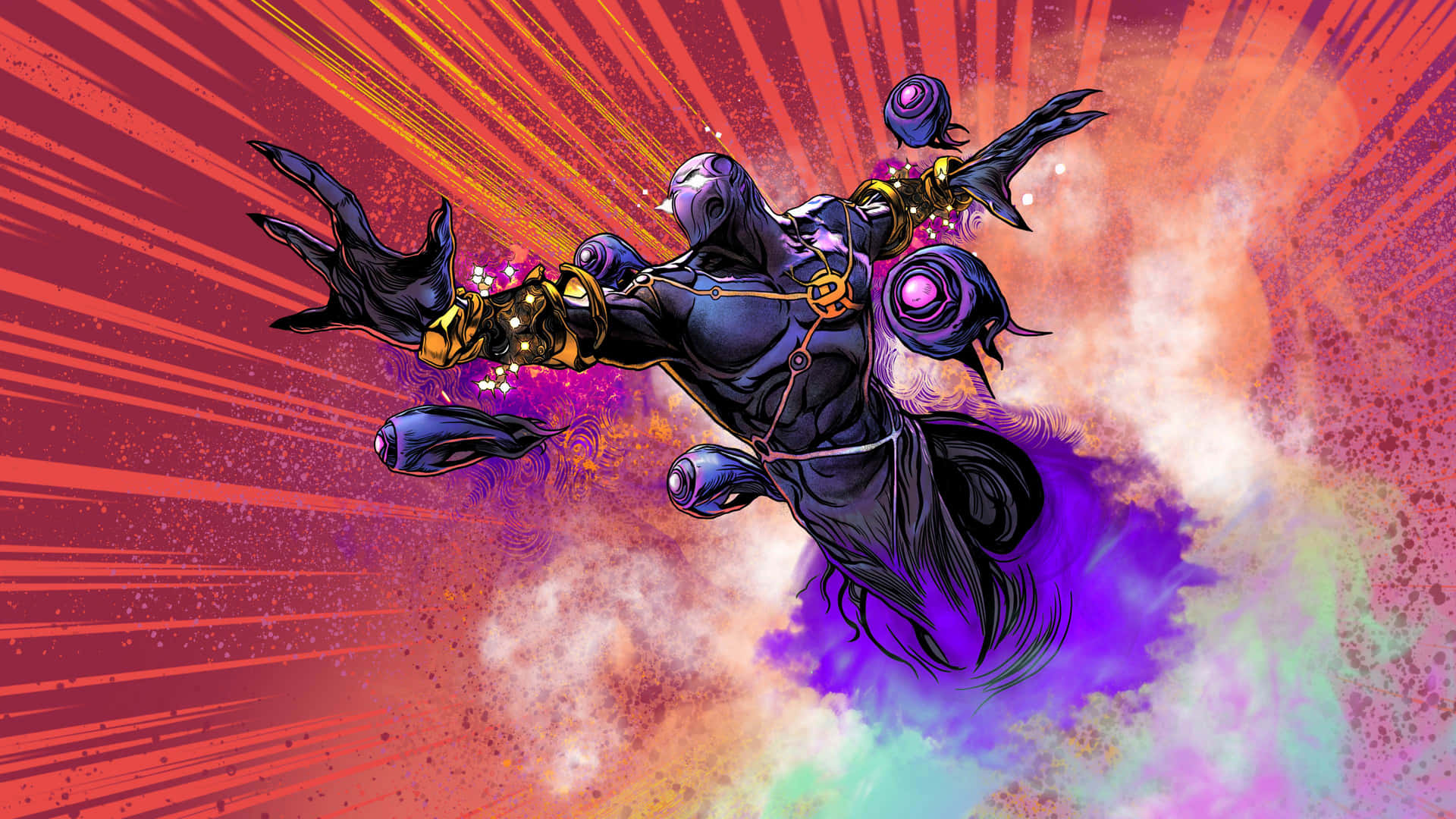 一個身穿深色盔甲的 superhero 人物，帶著發光球體，在色彩繽紛的宇宙爆炸中飛翔。 — 4K 壁紙