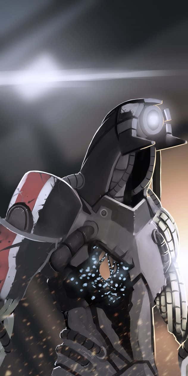 Mass Effect Legion 桌布 壁紙 — 一個黑暗裝甲機器人，帶有發光的眼睛和胸部核心，在戲劇性的背光中站立，火花四濺。