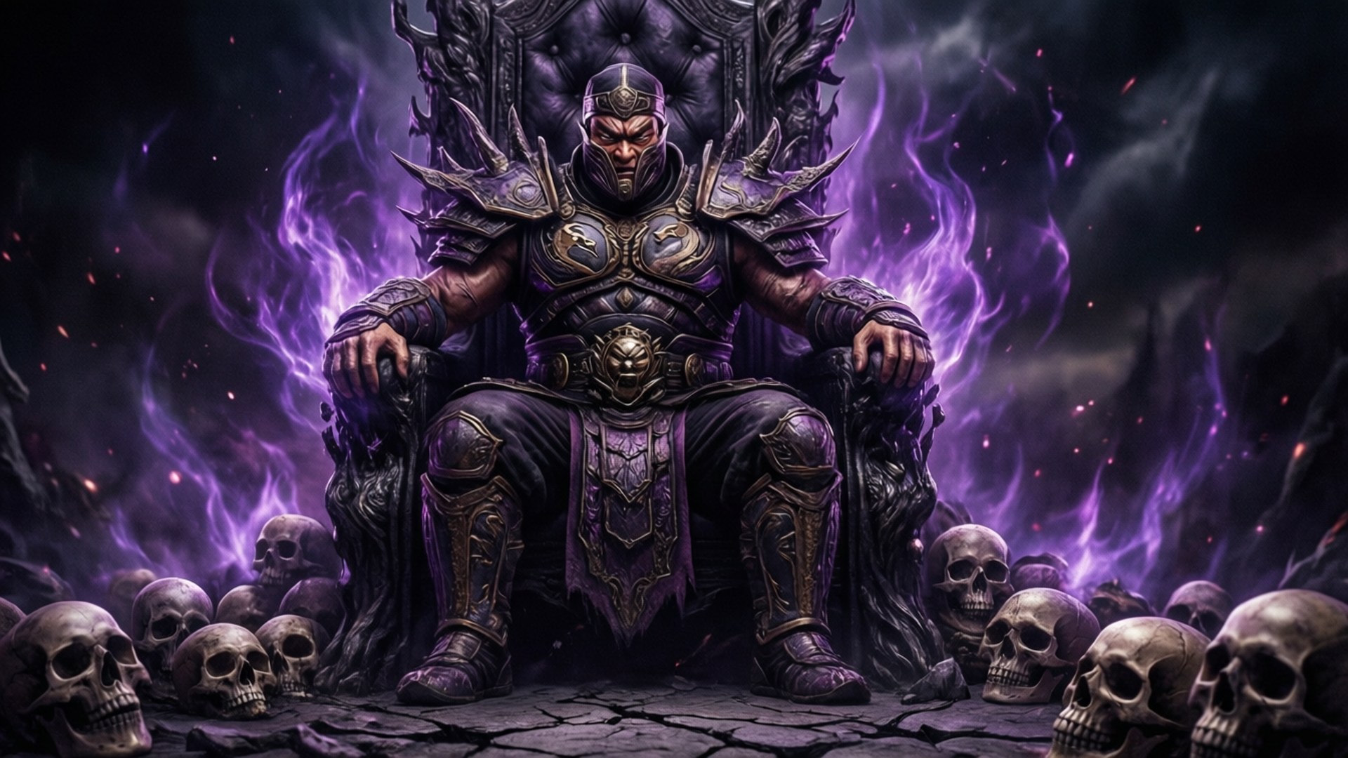 Mortal Kombat Annihilation 桌布 壁紙 — 一個身穿黑色盔甲的 warlord 坐在一個佈滿尖刺的王座上，周圍環繞著頭骨和紫色火焰，在陰暗的王座室中。