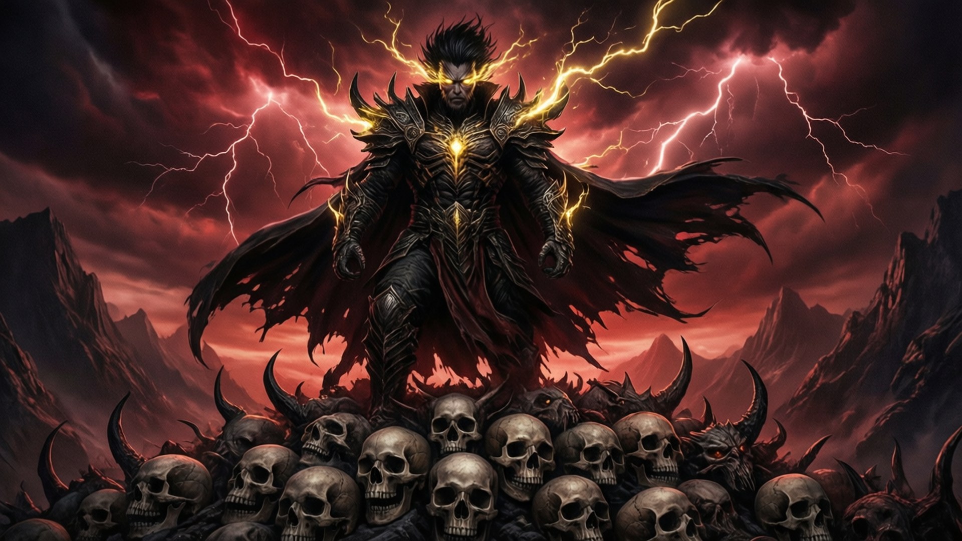 The Misfit Of Demon King Academy 桌布 壁紙 — 一個身穿暗色盔甲的戰士，雙眼發光，周圍閃電劈啪作響，站在一堆頭骨之上，背景是風暴般的紅色天空。
