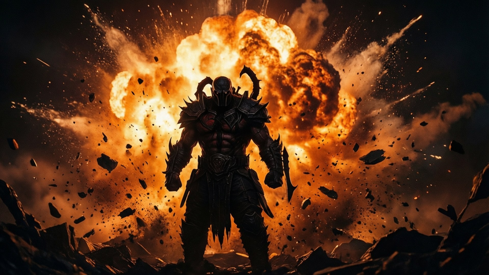 Explosion Silhouette 壁紙 — 一個黑暗的角鬥士身穿盔甲，挑釁地站立，身後巨大的火焰爆炸爆發，碎片飛揚。