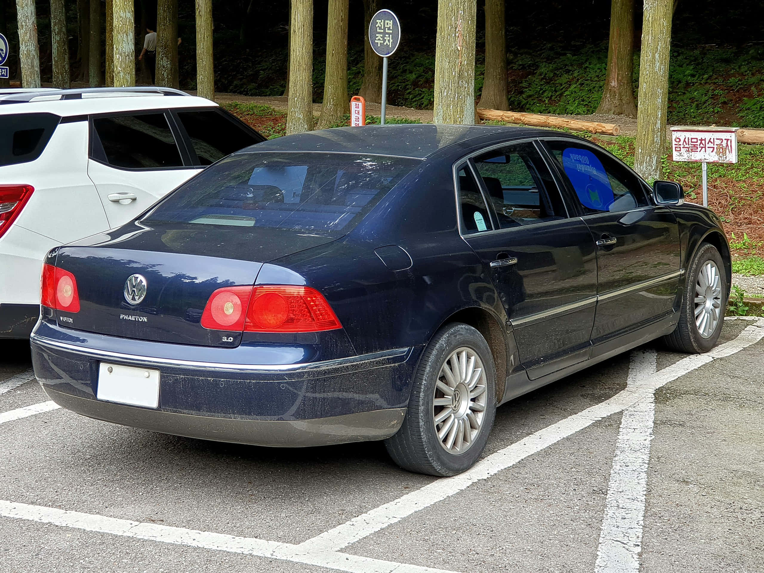 Volkswagen Phaeton 桌布 壁紙 — 一輛深藍色福斯Phaeton轎車停在劃有標記的車位，旁邊有一輛白色SUV，背景有高大的樹木。