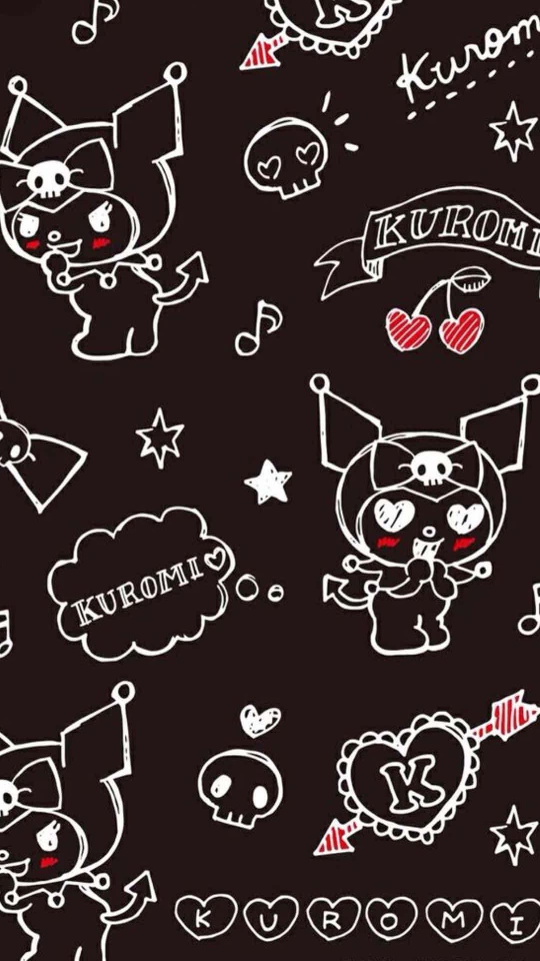 深棕色壁紙，帶有白色Kuromi塗鴉和櫻桃骷髏。 — Sanrio 壁紙