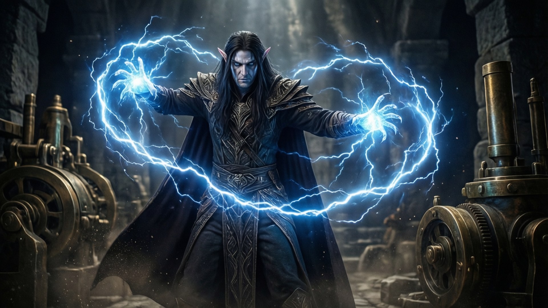 Dwemer Lightning 壁紙 — 一個黑暗精靈巫師在蒸氣龐克工業廢墟中，在伸出的雙手之間引導劈啪作響的藍色閃電。