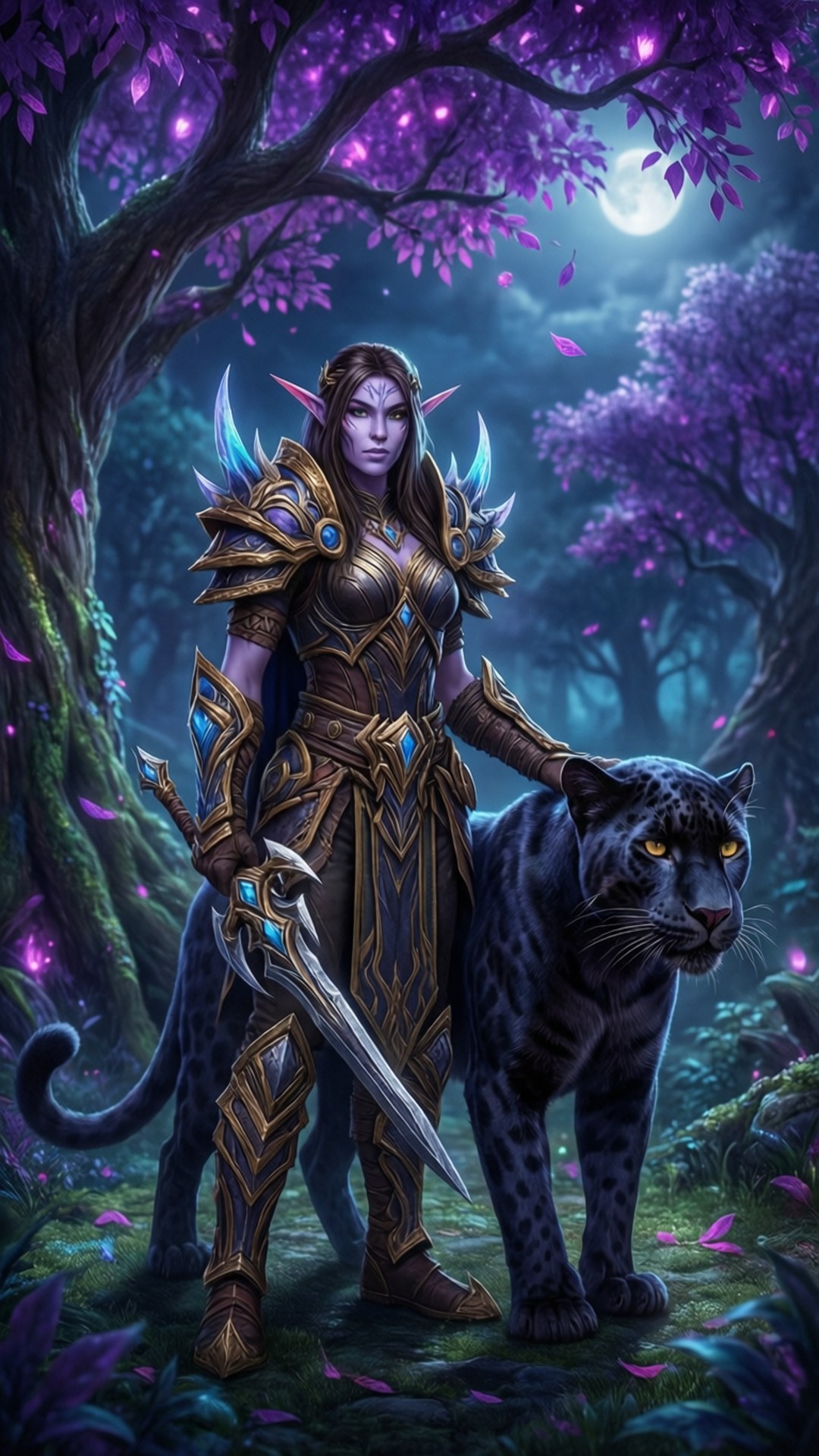 Shadowmoon Stalker 壁紙 — 一名身穿華麗金色鎧甲的黑暗精靈戰士，在月光照射的紫色樹冠下，站在一隻黑豹旁邊。