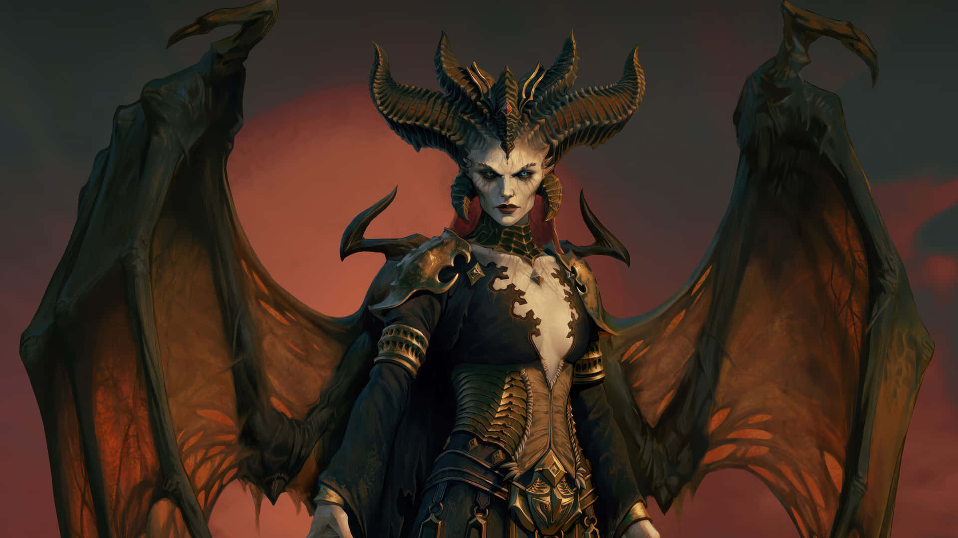  壁紙 — 一位黑暗奇幻的惡魔女王，擁有蝙蝠般的翅膀和角狀頭飾，站在火紅的天空前。
