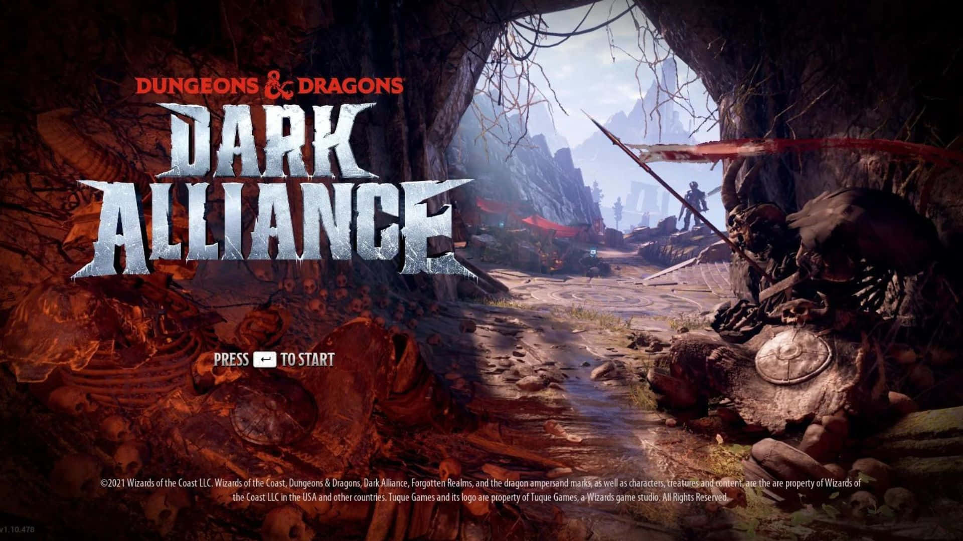 Dark Alliance 桌布 壁紙 — 一個黑暗奇幻遊戲標題畫面，顯示一名戰士手持長矛站在洞穴入口，俯瞰荒涼的岩石景觀。