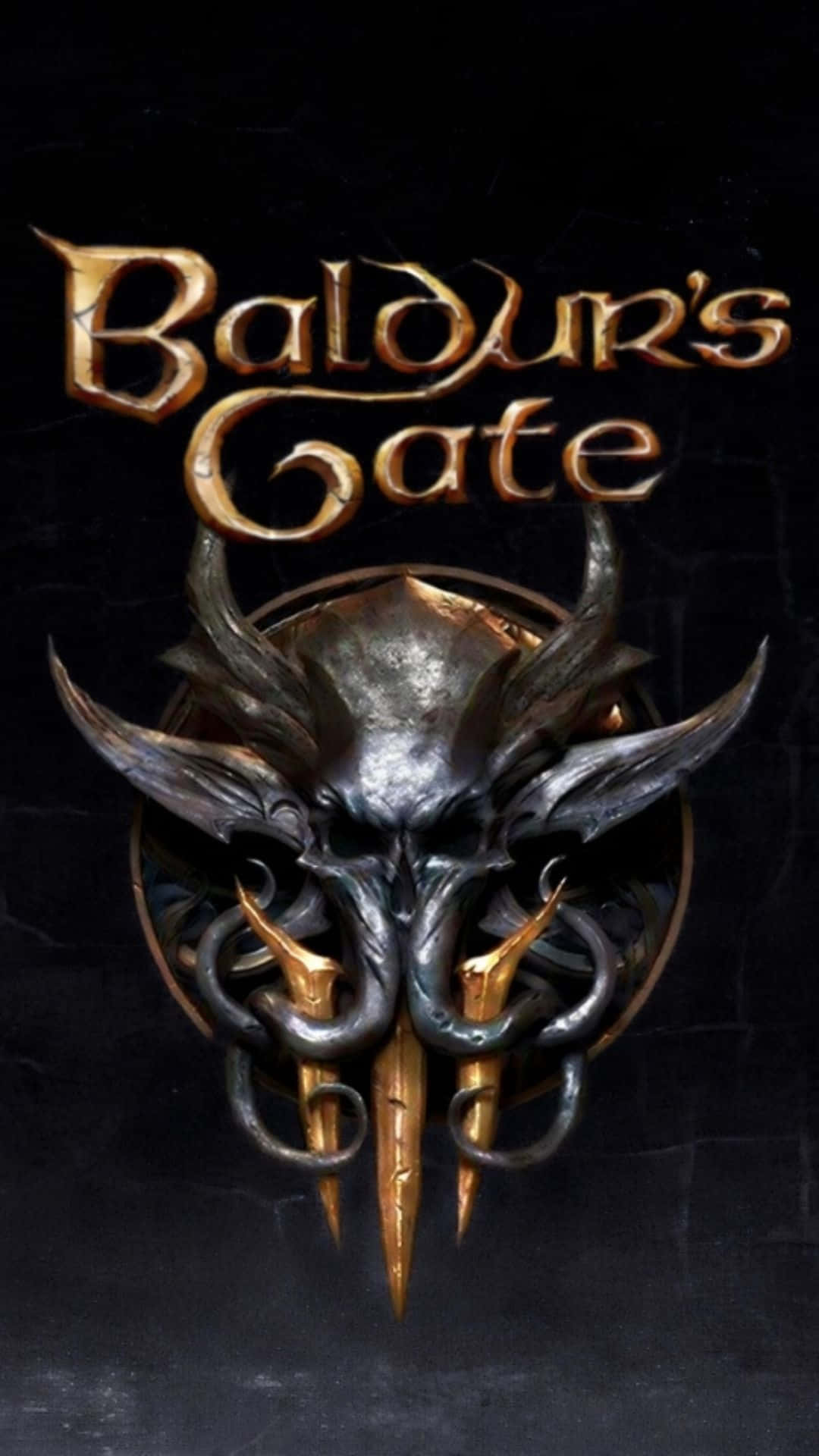  壁紙 — 一個黑暗奇幻風格的Baldur's Gate標誌，以金屬質感的惡魔頭骨搭配金色角和獠牙，置於黑色紋理背景上。