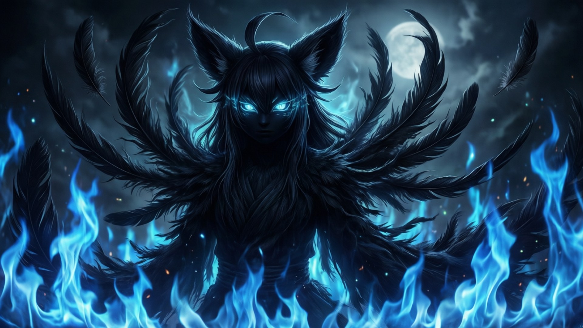 Spirit of the Raven 壁紙 — 一隻深色羽毛的生物，擁有發光的藍色眼睛和貓耳朵，站在滿月下咆哮的藍色火焰中。