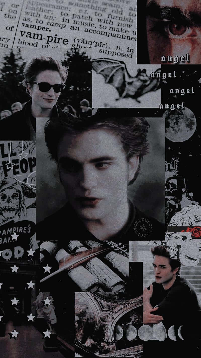  壁紙 — 一幅黑暗哥德式拼貼畫， featuring Robert Pattinson 飾演的 Edward Cullen，周圍環繞著吸血鬼主題文字、月相和報紙剪報。