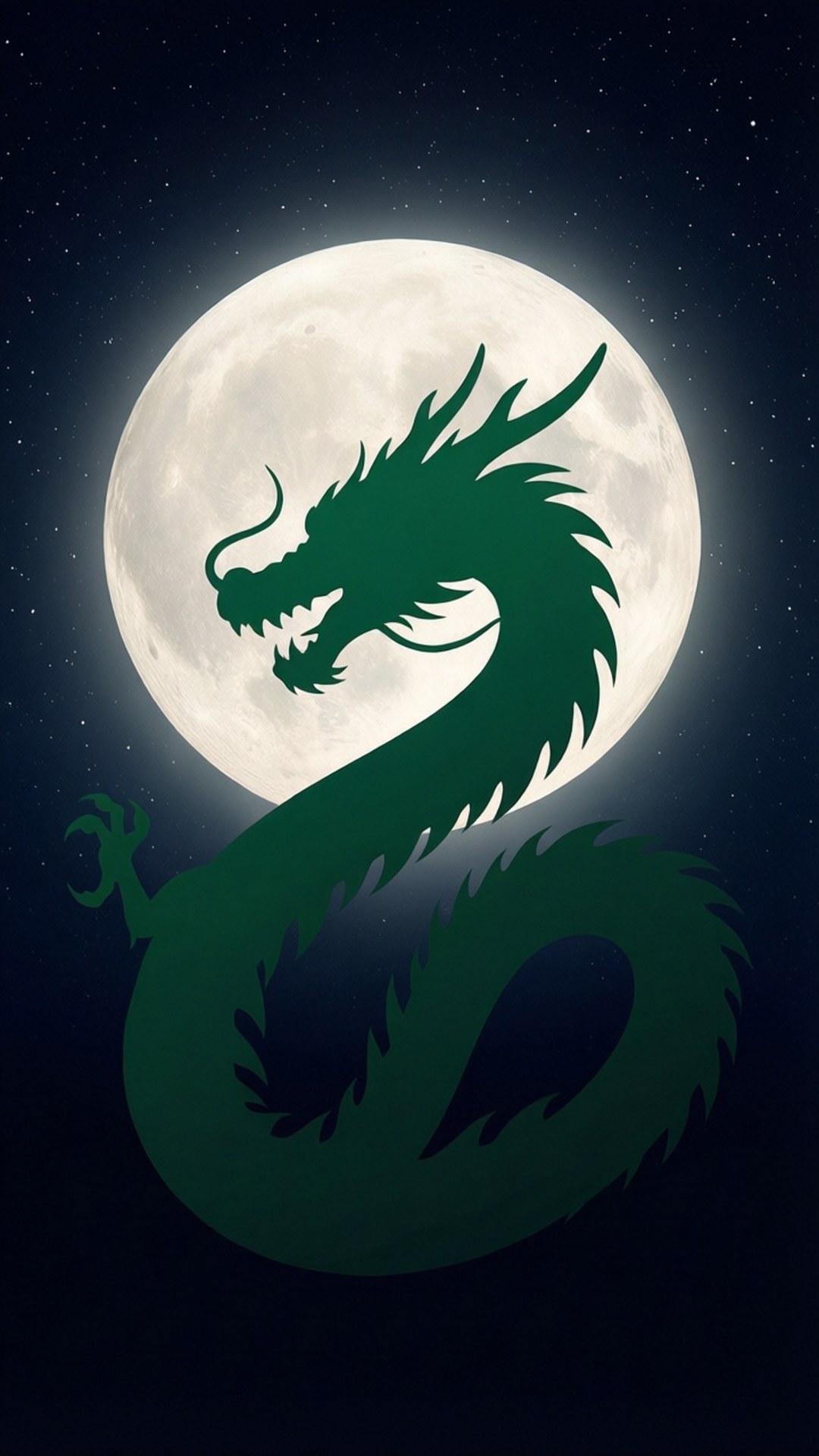 Dragon Moon Silhouette 壁紙 — 一條深綠色龍的剪影纏繞著一輪明亮的滿月，背景是繁星點點的夜空。