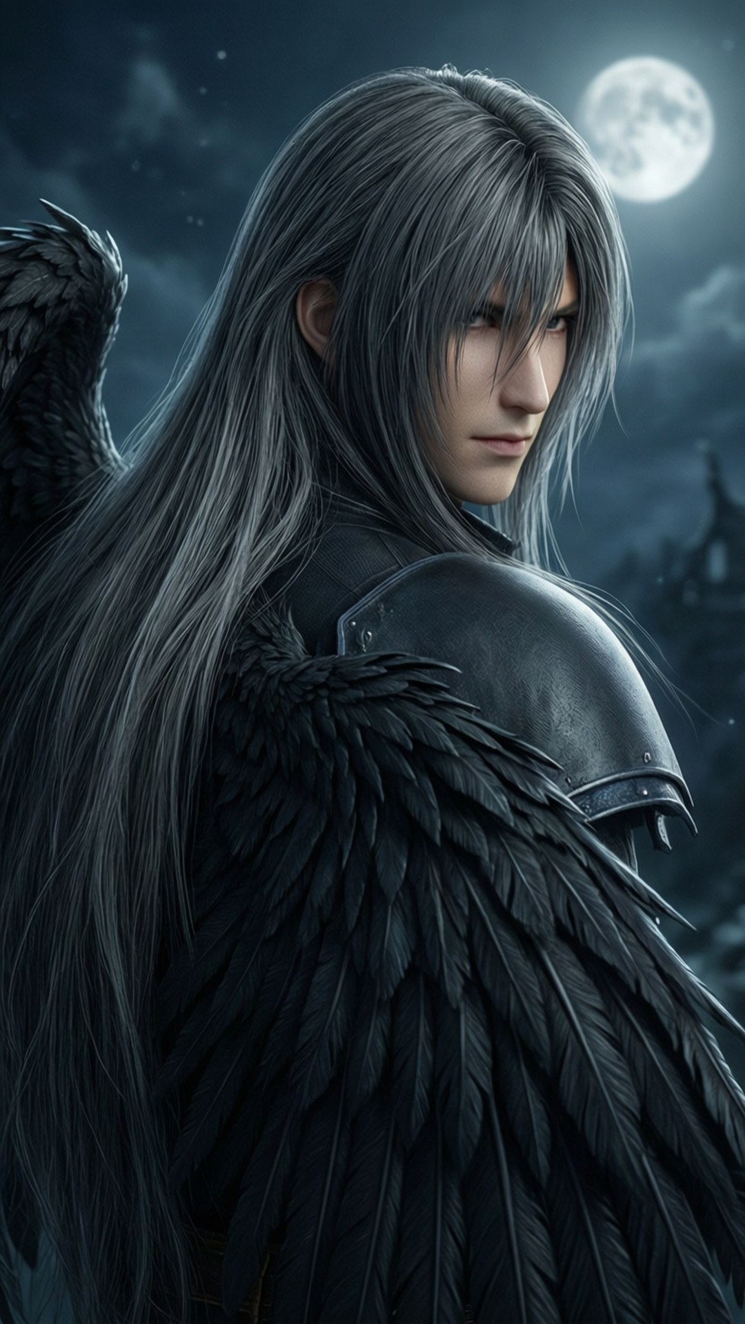 Sephiroth 桌布 壁紙 — 一位黑髮天使，擁有黑色羽毛翅膀，在哥德式夜晚場景中站在滿月下。