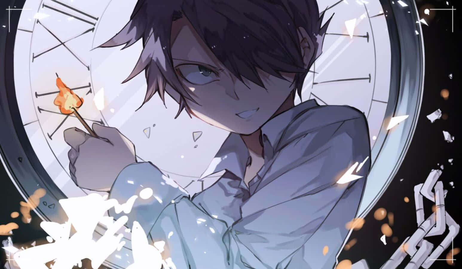 The Promised Neverland Ray 桌布 壁紙 — 一個黑髮動漫男孩手持點燃的火柴，靠近一個破碎的時鐘表面，周圍漂浮著發光的餘燼。
