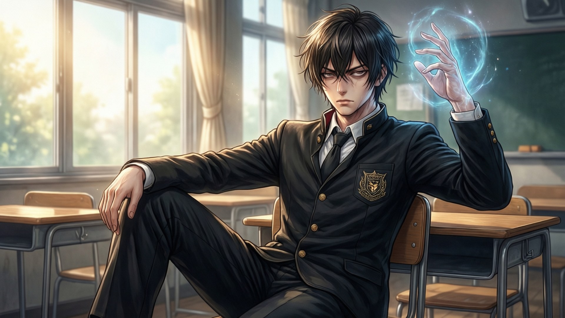 The Misfit Of Demon King Academy 桌布 壁紙 — 一個黑髮動漫男孩穿著校服坐在教室裡，用手讓一個發光的藍色球體漂浮起來。
