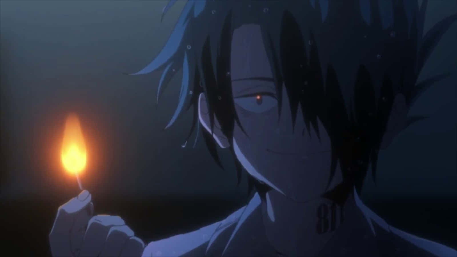 The Promised Neverland Ray 桌布 壁紙 — 一個深色頭髮的動漫角色在昏暗的水下場景中手持一支閃爍的蠟燭，周圍有發光的粒子。