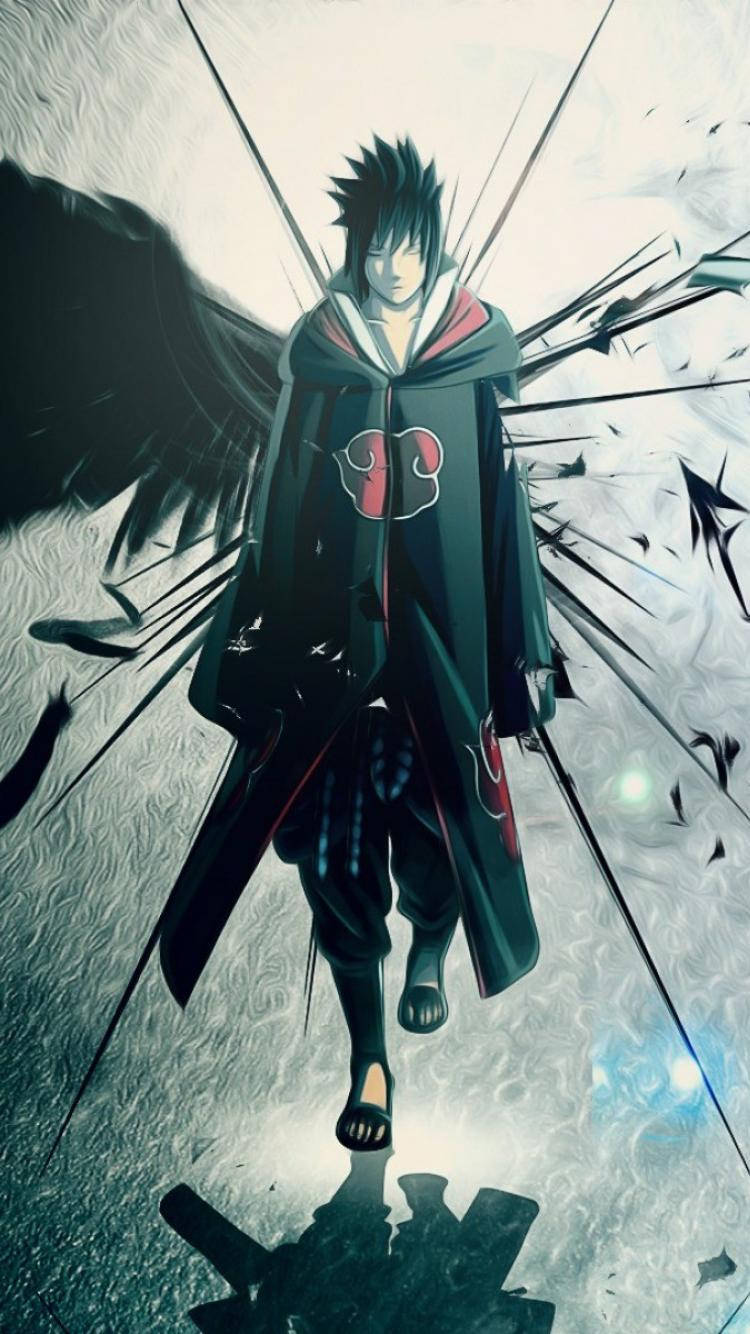 動漫忍者，黑色翅膀，紅色雲朵斗篷，站立於破碎玻璃之中。 — Sasuke 壁紙