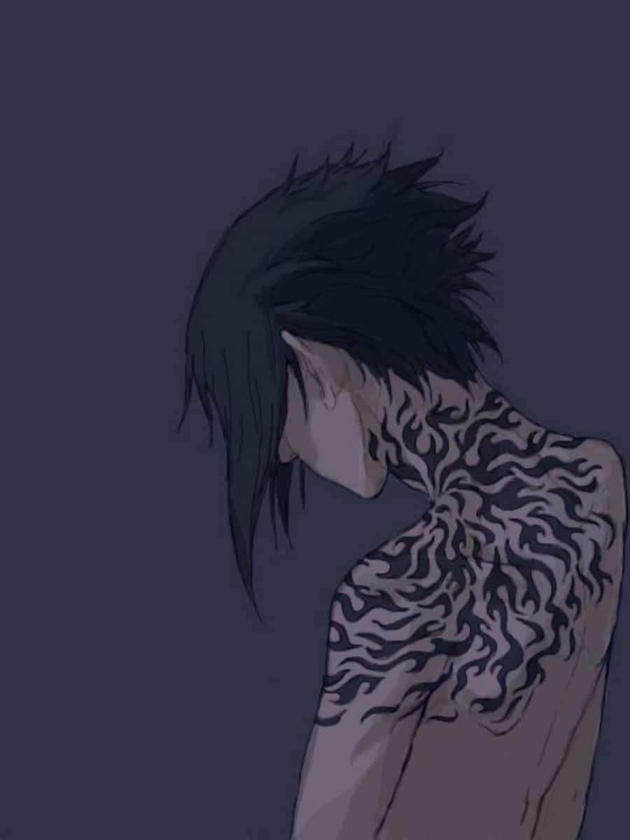 動漫角色，頸部和肩部有黑色刺青，從背後觀看。 — Sasuke 壁紙
