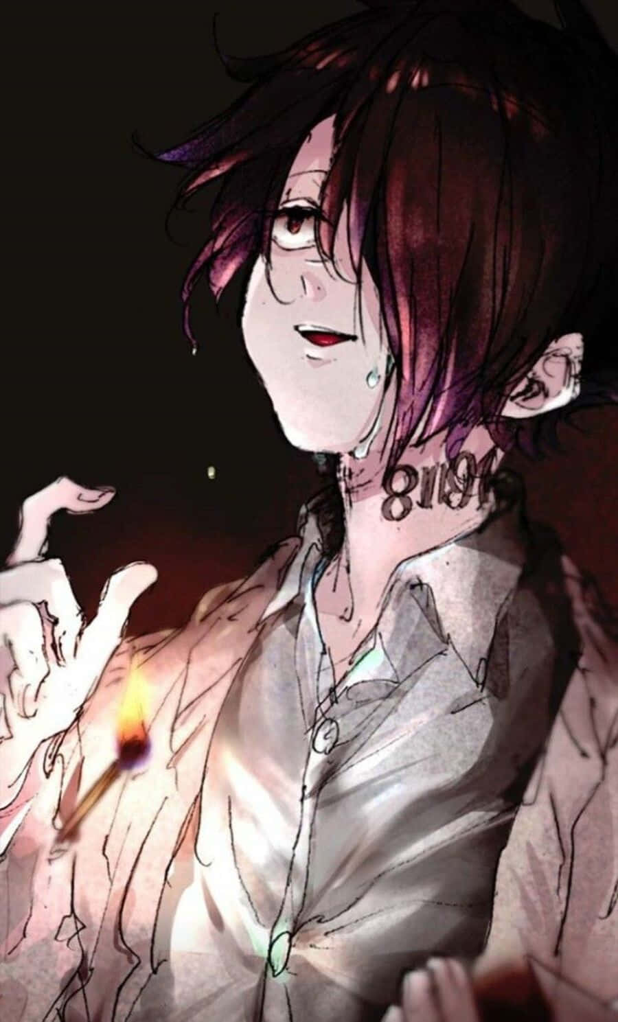 The Promised Neverland Ray 桌布 壁紙 — 一個深色頭髮的動漫角色帶有刺青，手持點燃的火柴，在黑色背景上將溫暖的光線投射到臉上。