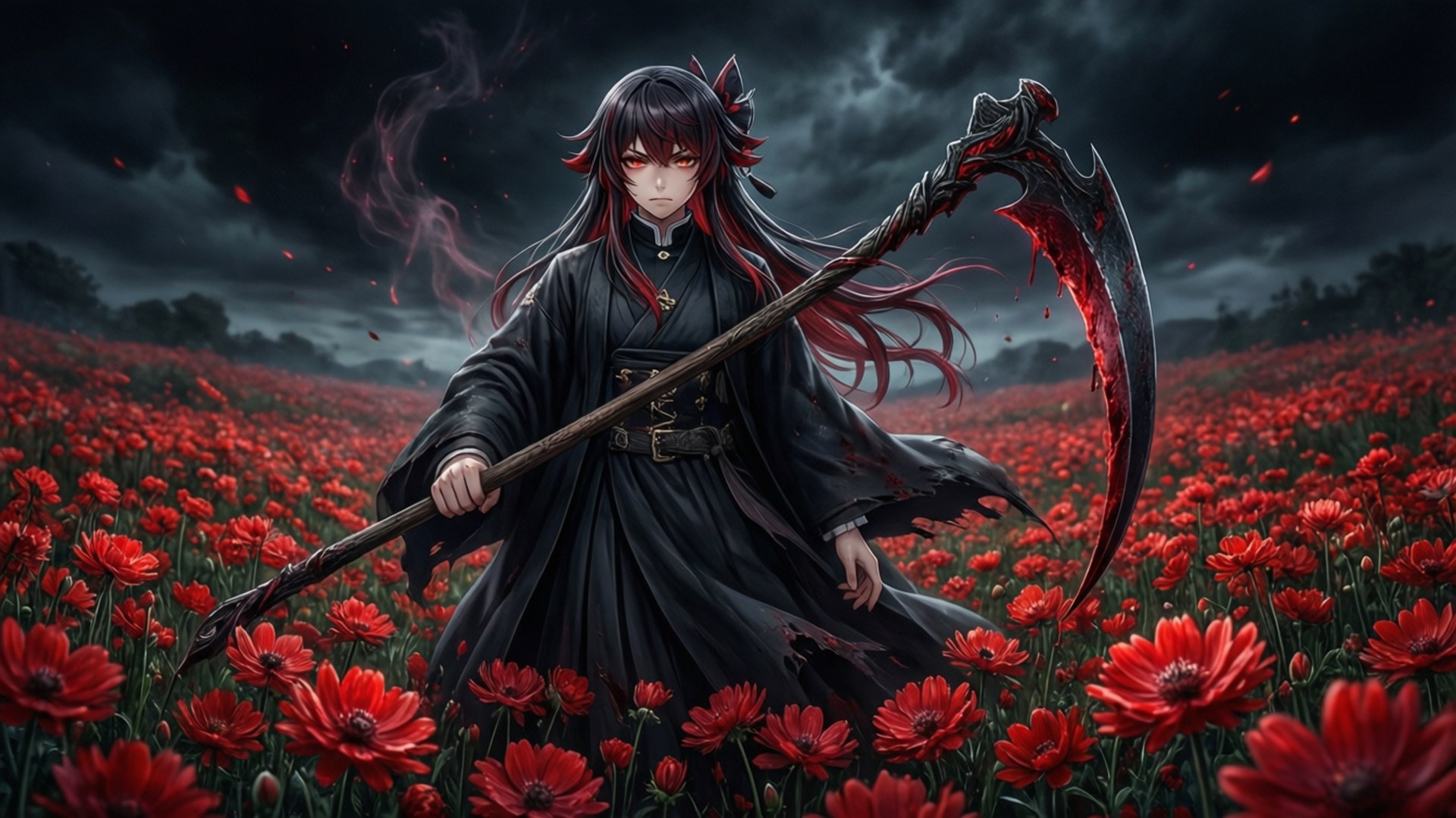 Future Diary 桌布 壁紙 — 一個黑髮動漫人物身穿黑色長袍，在暴風雨的天空下，於紅花田中揮舞著一把血淋淋的鐮刀。
