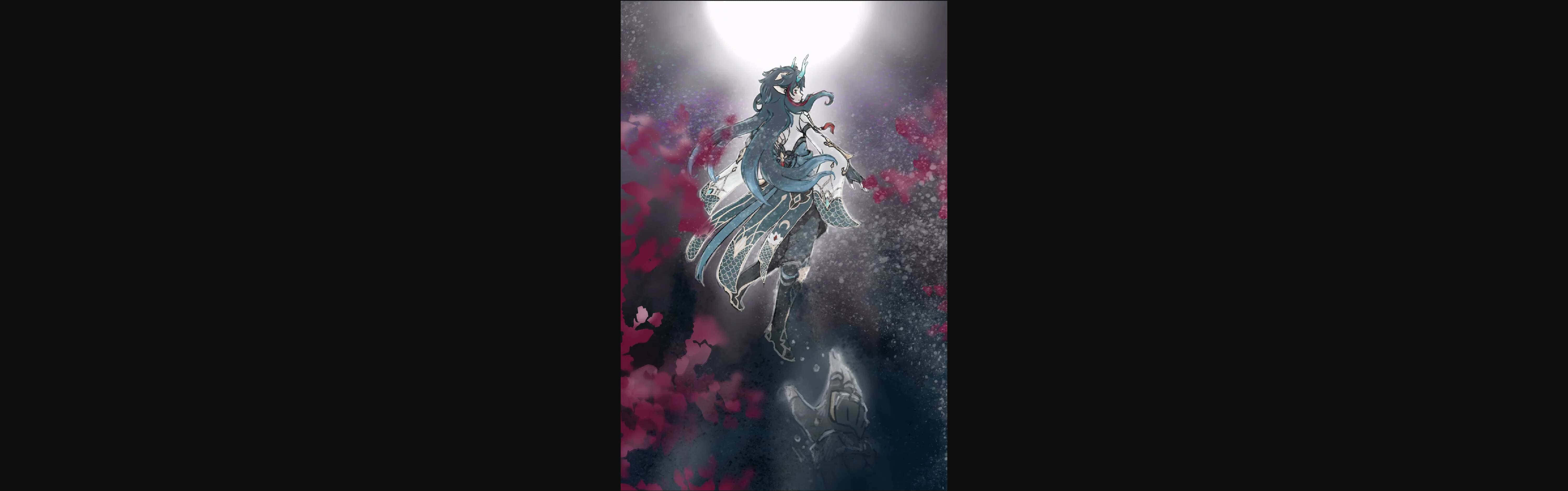  壁紙 — 一位黑髮動漫女孩身穿藍色盔甲，在發光的月亮下穿過粉紅色的櫻花。