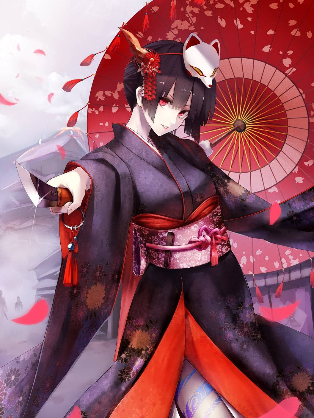動漫少女身穿和服，手持武士刀和狐狸傘，櫻花飄落。 — 日式美學 iPhone 壁紙 壁紙