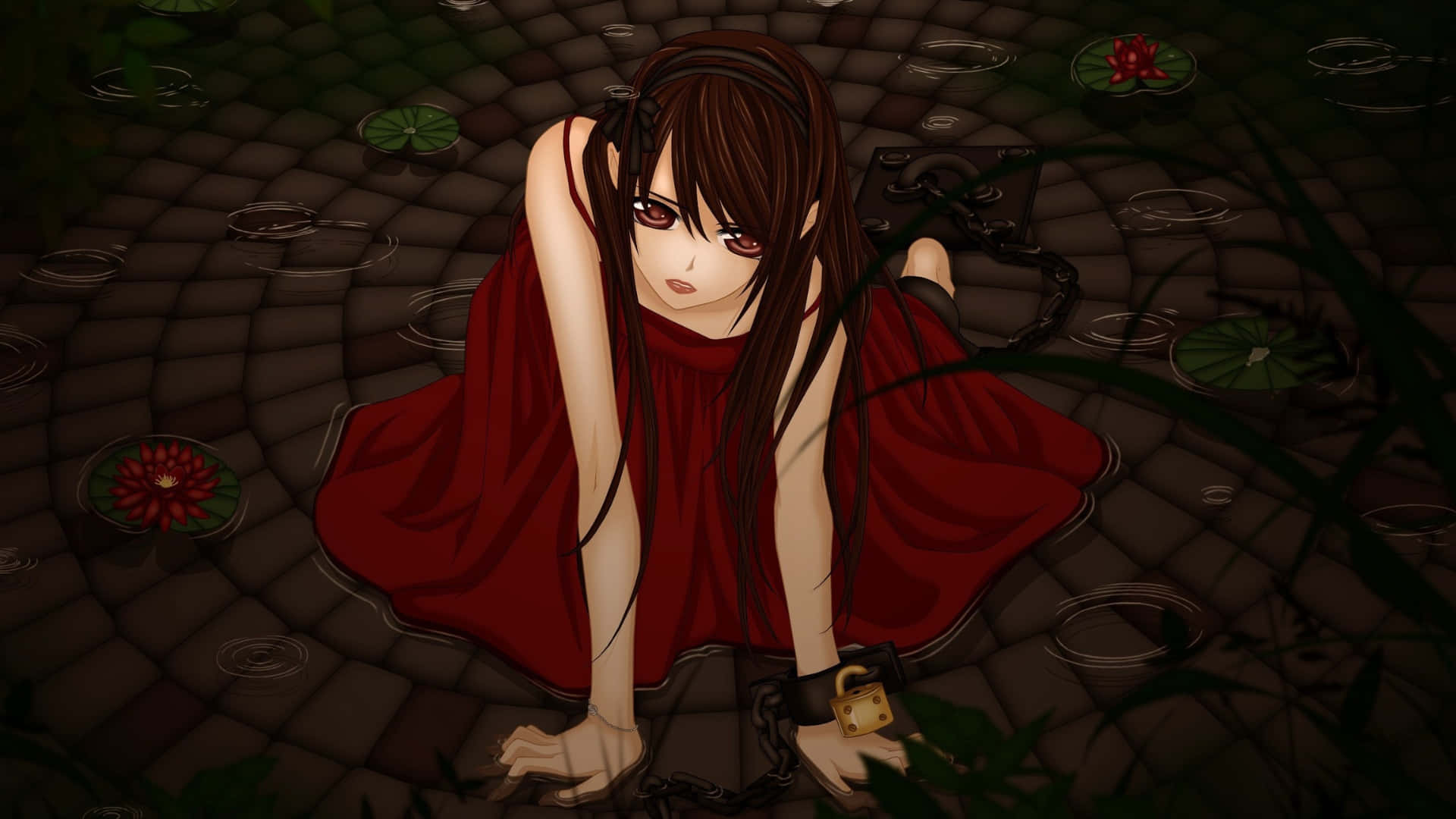  壁紙 — 一位黑髮動漫女孩穿著紅色連衣裙，被鎖鏈鎖在濕漉漉的石徑上，周圍有荷葉和花朵。