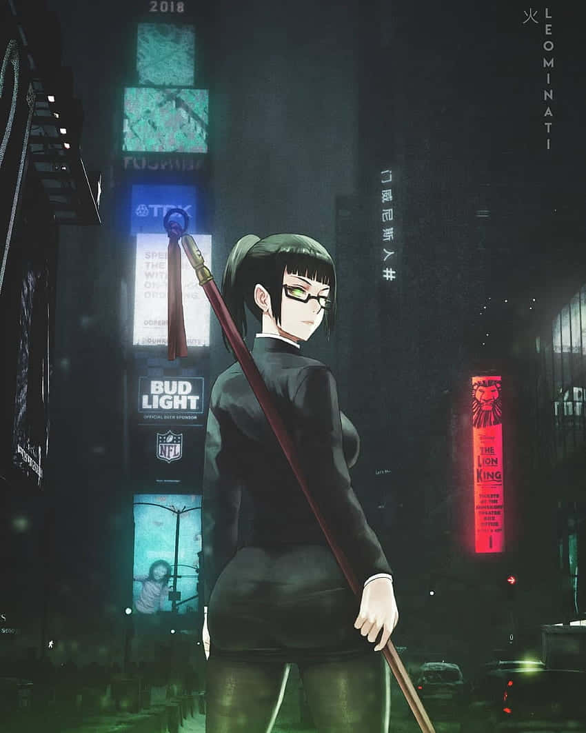  壁紙 — 一位深色頭髮的動漫女孩穿著西裝，手持法杖，站在霓虹燈照亮、廣告牌閃爍的城市夜景中。