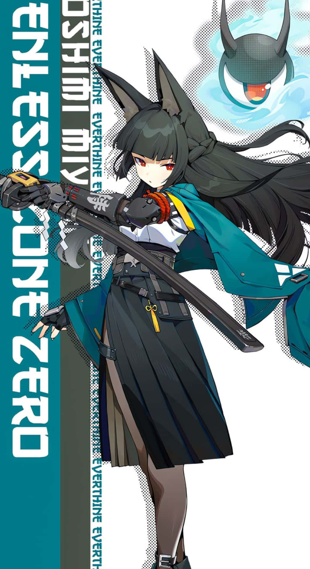  壁紙 — 一位深色頭髮的動漫女孩，長著狐狸耳朵，在風格化的藍白背景下揮舞著一把大劍。