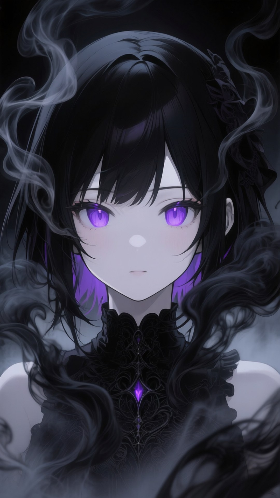 Purple Eye Gothic 壁紙 — 一位深色頭髮的動漫女孩，擁有發光的紫色眼睛和黑色蕾絲領，被旋轉的煙霧包圍。