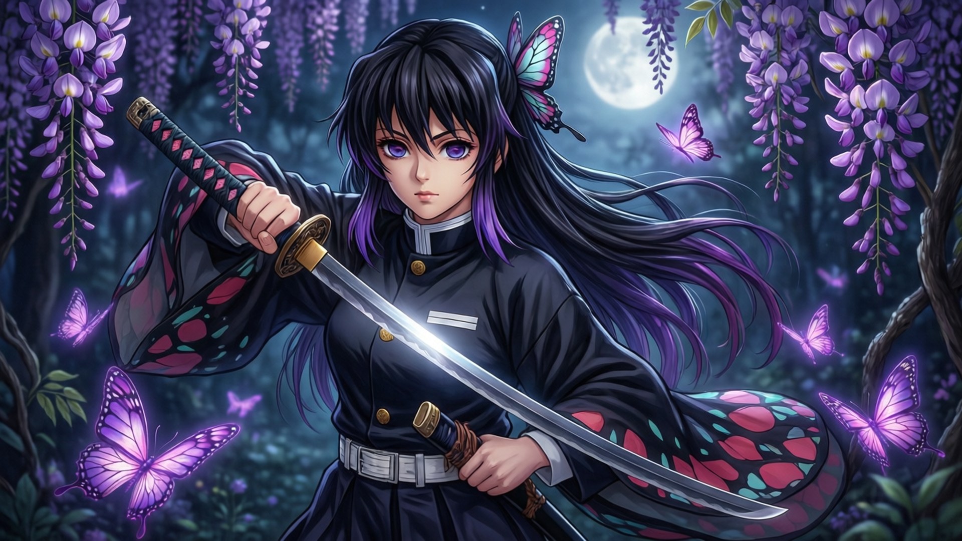 Shinobu 桌布 壁紙 — 一位黑髮紫眼動漫少女在滿月下手持武士刀，周圍環繞著發光的紫色紫藤和蝴蝶。