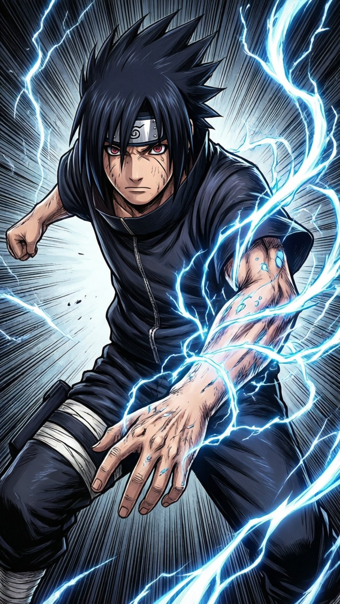 Sasuke Chidori Swirl 壁紙 — 一位黑髮動漫忍者身穿黑色裝備，從手臂釋放出噼啪作響的藍色閃電，背景是動態的條紋。
