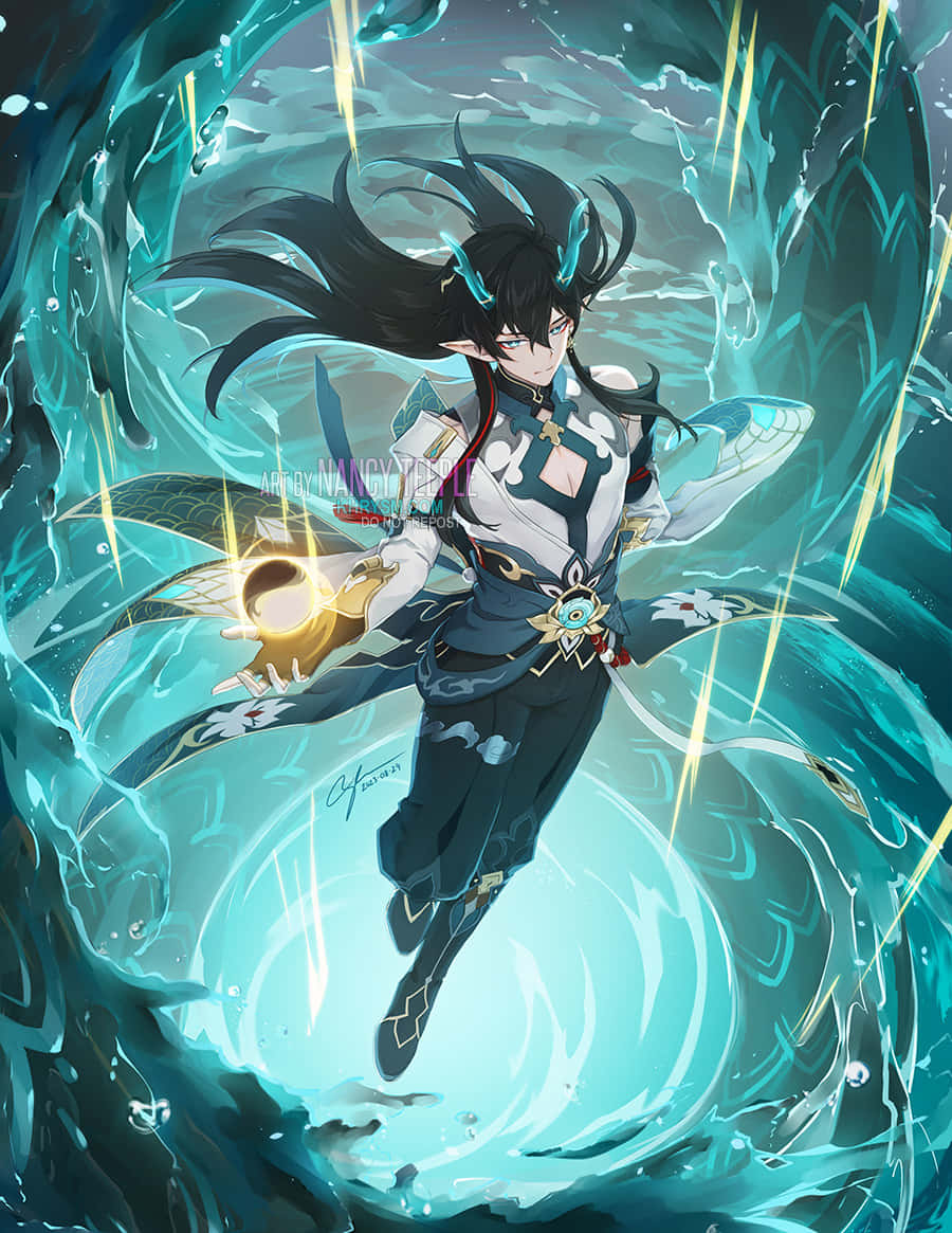  壁紙 — 一位黑髮動漫戰士身穿華麗盔甲，透過旋轉的藍綠色水和閃電引導發光的能量。