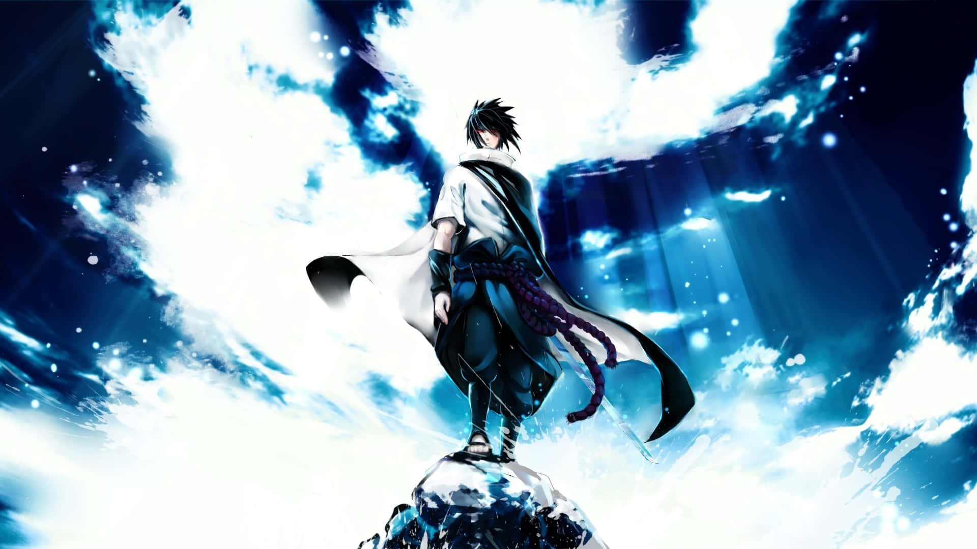 動漫角色站在白雪皚皚的山峰上，背景是宇宙風暴和耀眼的光束。 — Sasuke 壁紙