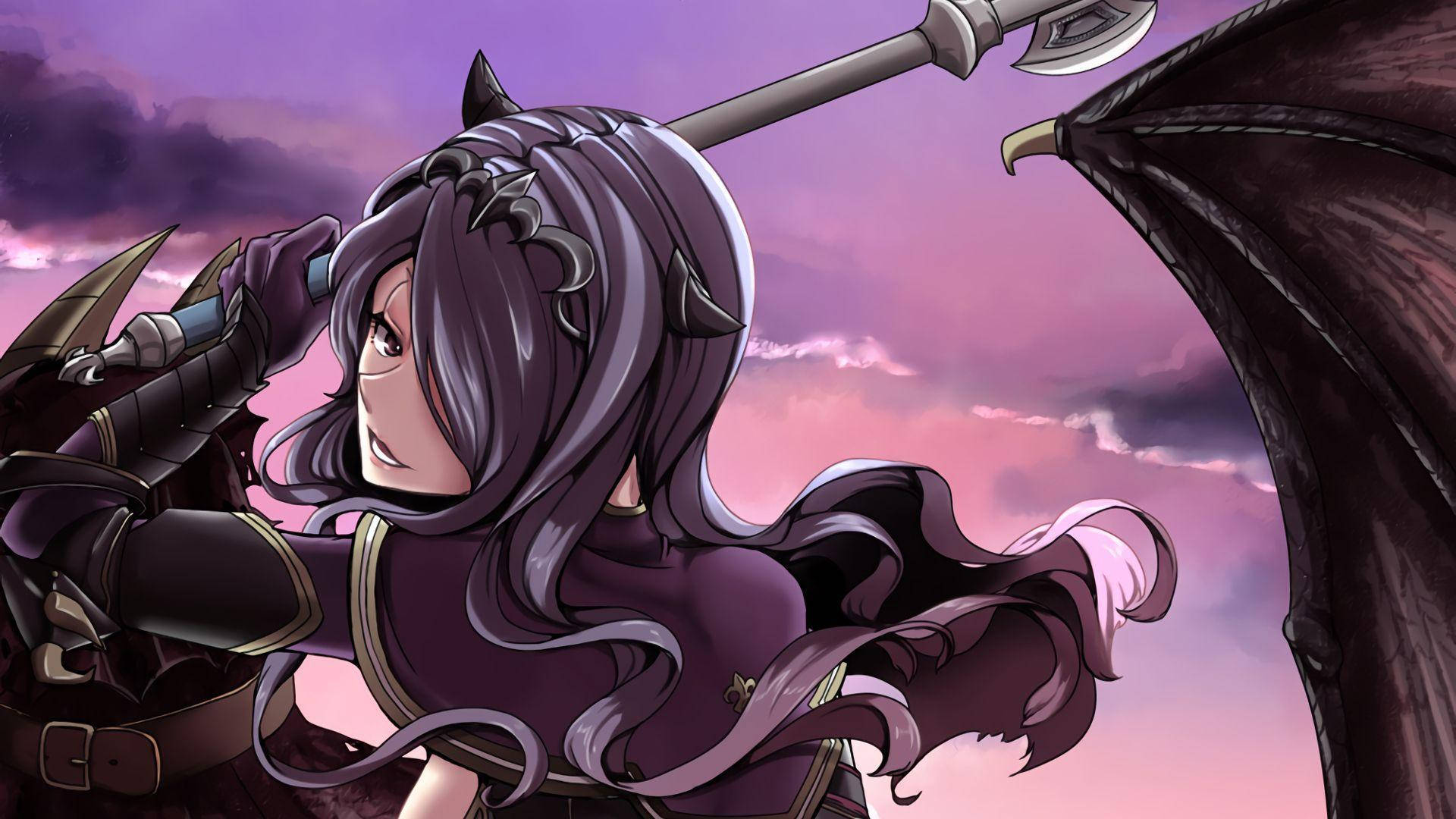 擁有龍翼和龍角的動漫女孩在黃昏時持劍。 — Fire Emblem Warriors 壁紙