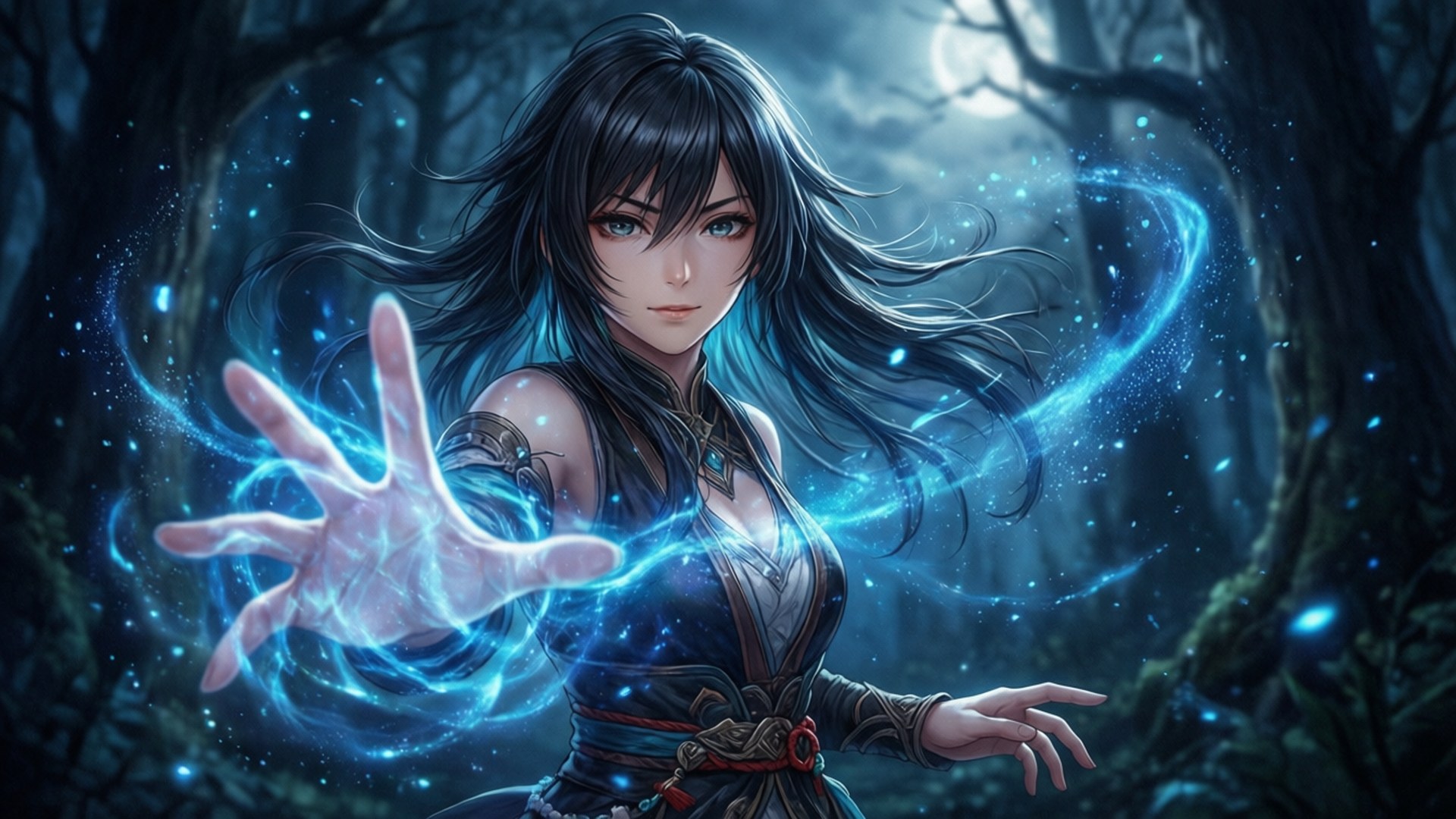Emilia's Magic 壁紙 — 在月光下的森林中，一位深色頭髮的奇幻女性從她伸出的手中釋放出發光的藍色魔法。