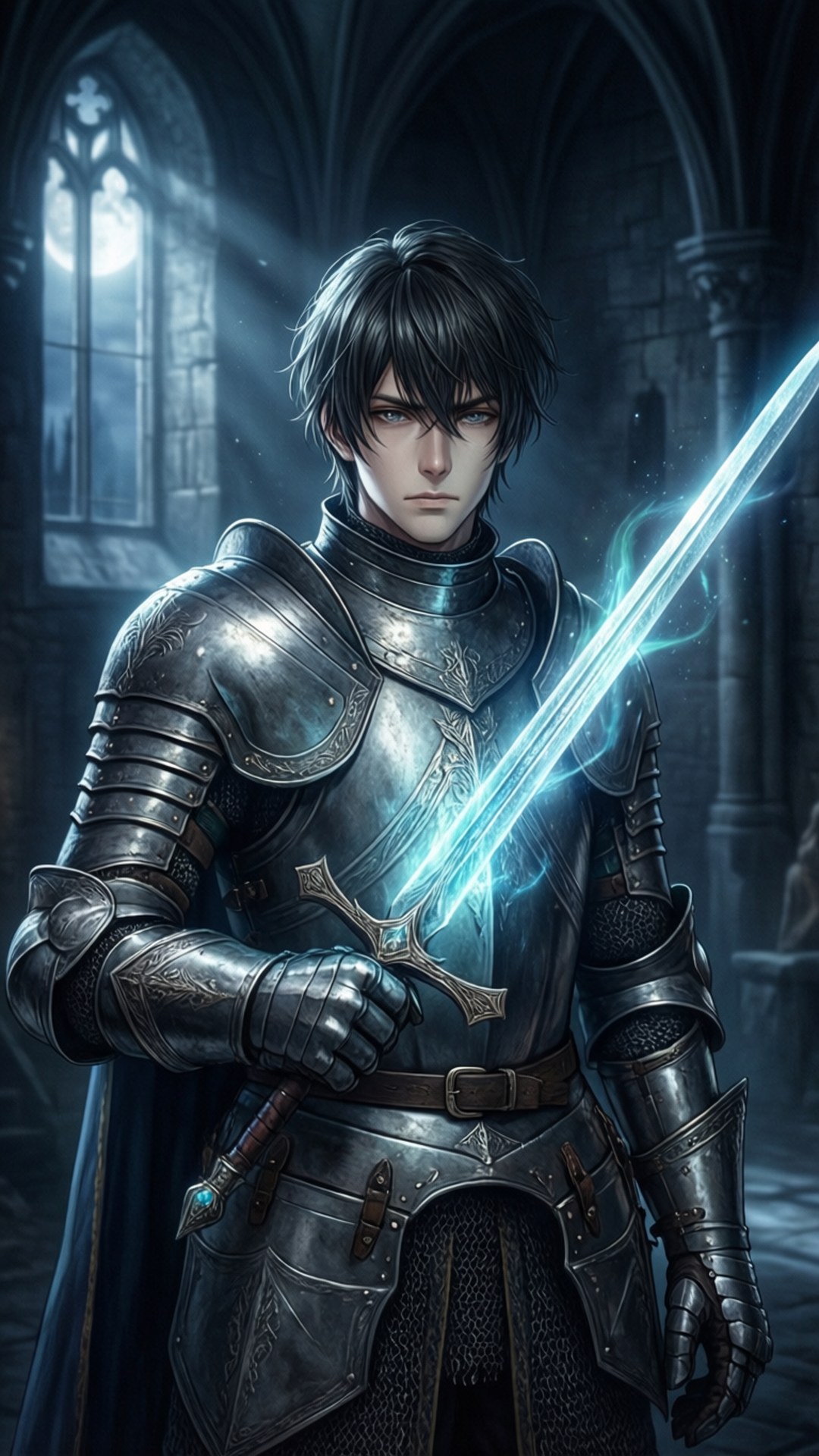 Knight of Light 壁紙 — 一位黑髮騎士身穿華麗銀色盔甲，在哥德式大教堂內手持發光藍劍，教堂有彩色玻璃窗。