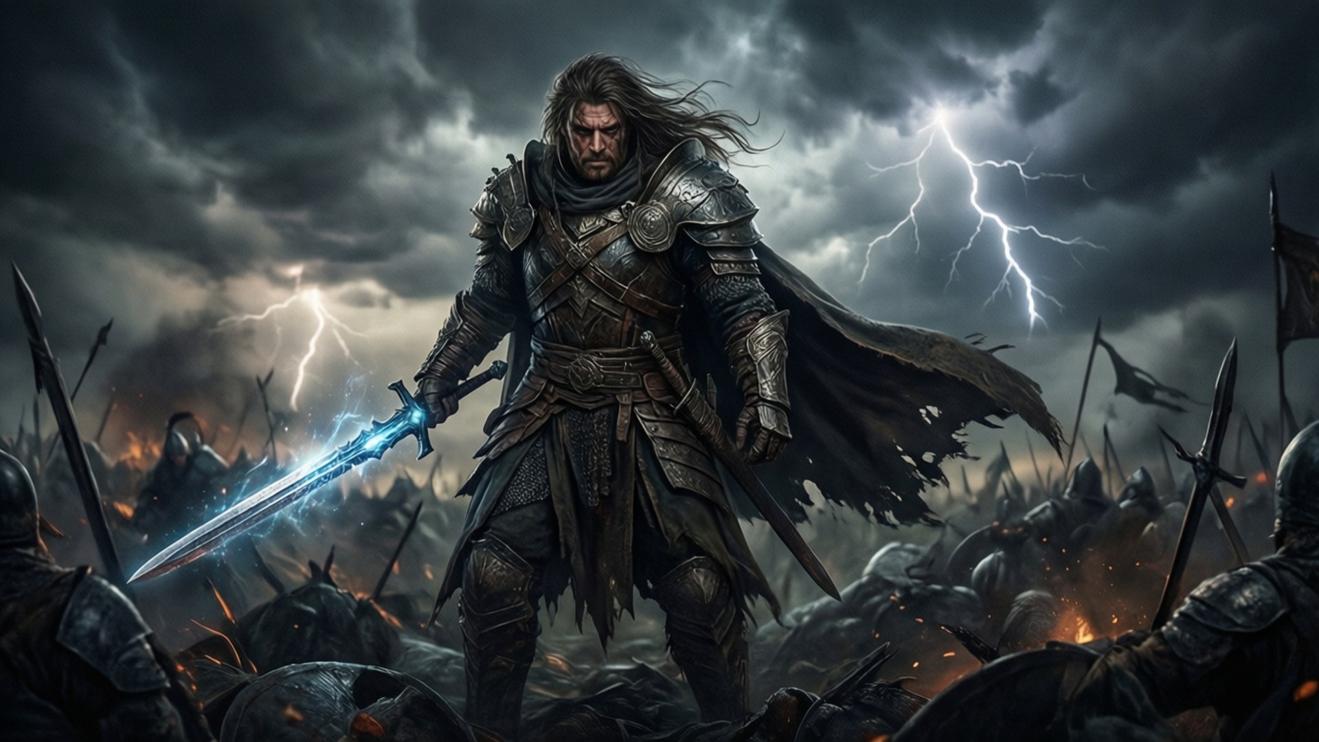 Gaming YouTube Banner 桌布 壁紙 — 一位深色頭髮的戰士身穿華麗盔甲，在雷電交加的暴風雨天空下，於混亂的戰場上挑釁地站著，手持一把發光的藍色劍。