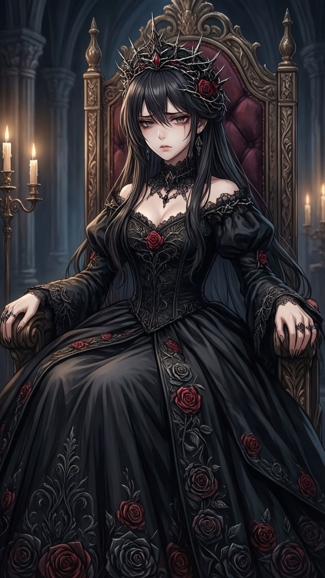 Thorn Crown Princess 壁紙 — 一位黑髮女子身穿黑色哥德式禮服，飾有紅玫瑰，在燭光閃爍的大教堂式大廳中，威嚴地坐在華麗的寶座上。