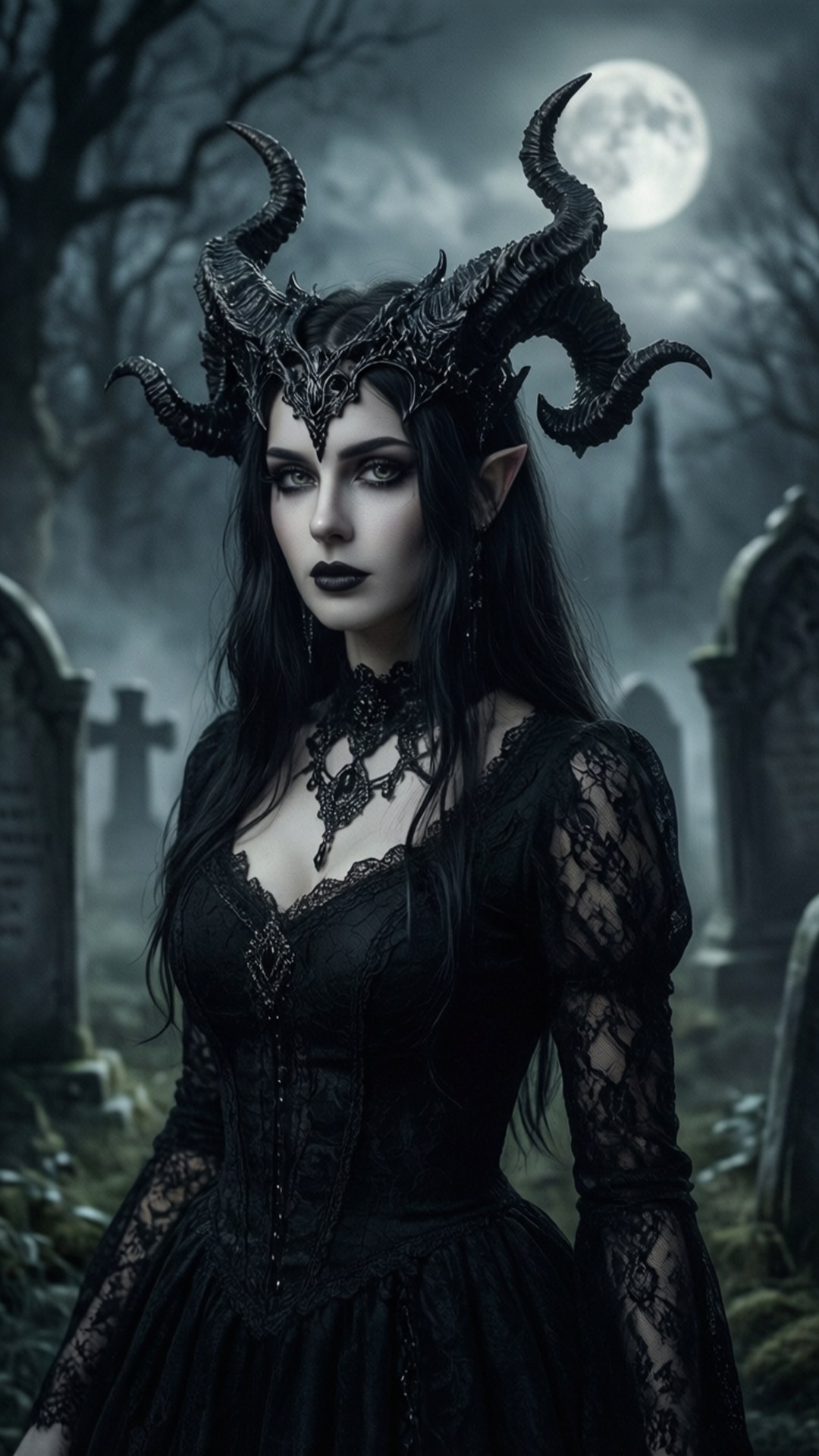Gothic Horned Lady 壁紙 — 一位深色頭髮、有黑色角和精靈耳朵的女人，在滿月下的霧氣墓園中穿著黑色蕾絲長袍。