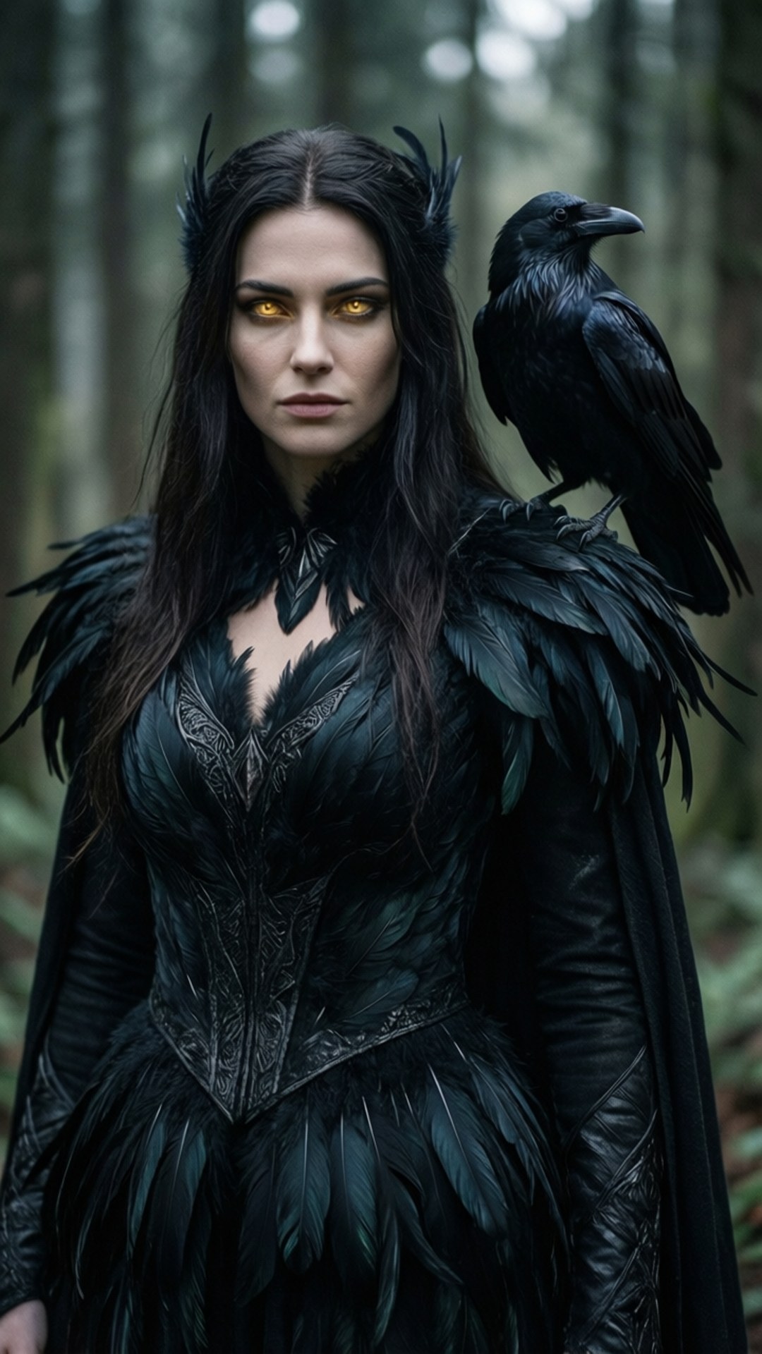 Morrigan Witch of the Wilds 壁紙 — 一位深色頭髮、擁有發光黃色眼睛和黑色羽毛服飾的女性，站在迷霧森林中，一隻黑色烏鴉棲息在她的肩膀上。