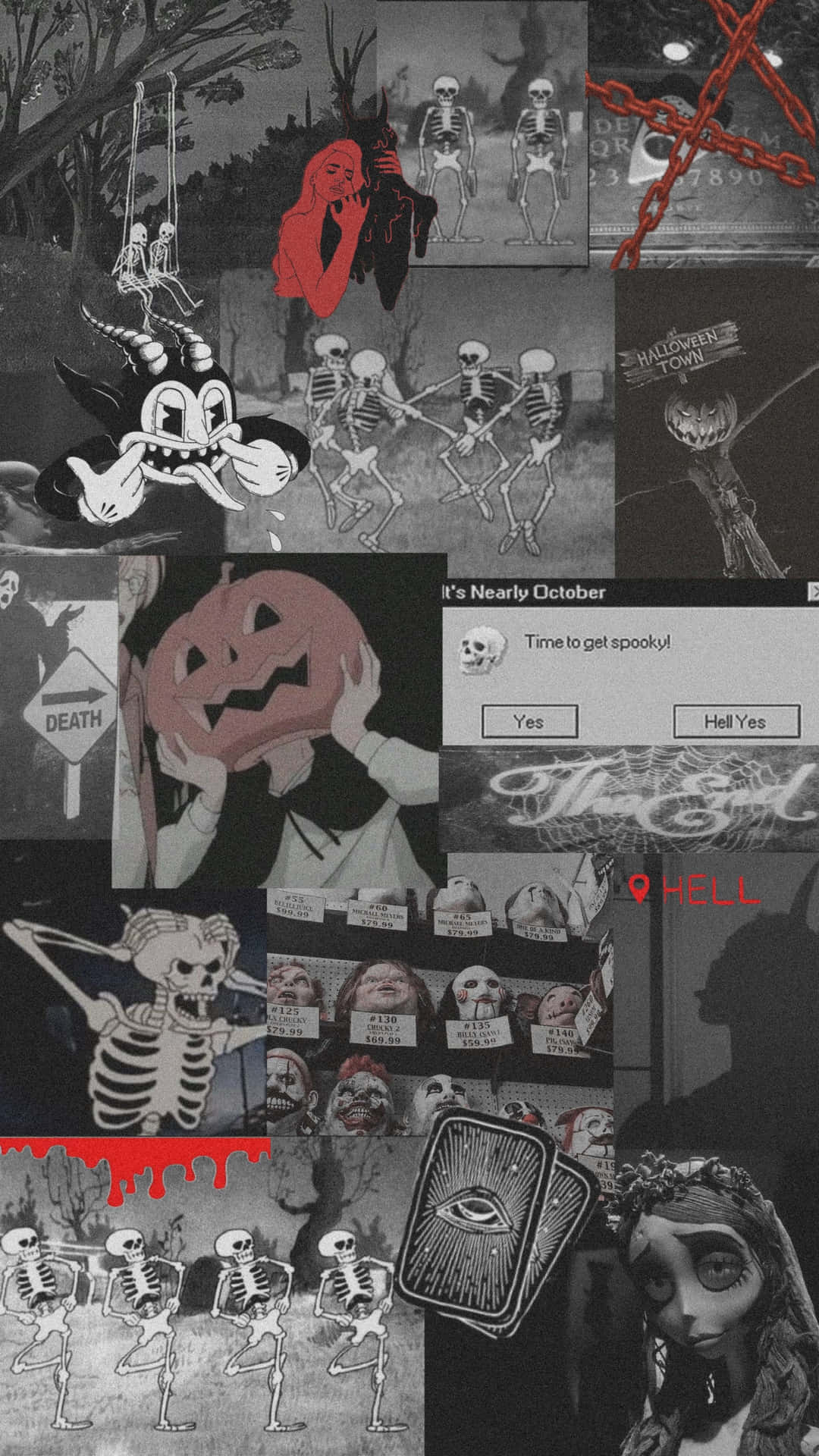  壁紙 — 一個黑暗的萬聖節拼貼畫，特色是跳舞的骷髏、紅色魔鬼、傑克南瓜燈和詭異的文字疊加。