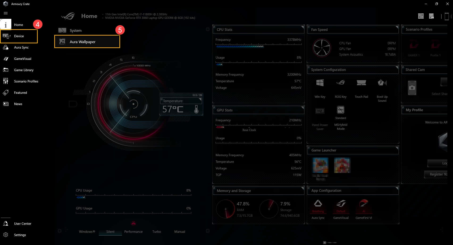  壁紙 — ASUS ROG Armoury Crate 軟體的深色介面，顯示系統統計數據和 Aura Wallpaper 設定，帶有發光的紅色和藍色圓形儀表。